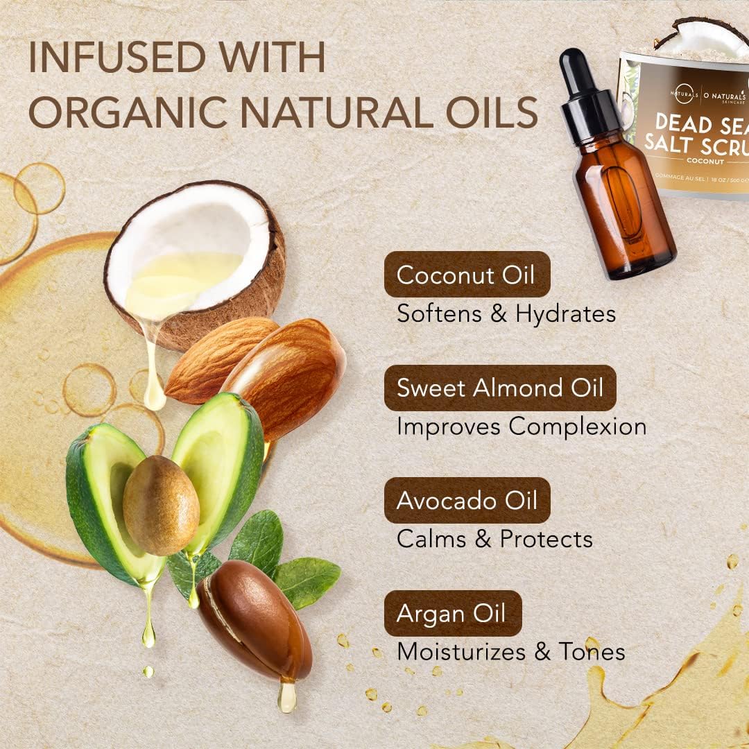 O Naturals Coconut Exfoliating Body Scrub with Dead Sea Salt & Almond Oil - Natural Salt Scrub for Smooth Skin - Hydrating Body Exfoliator