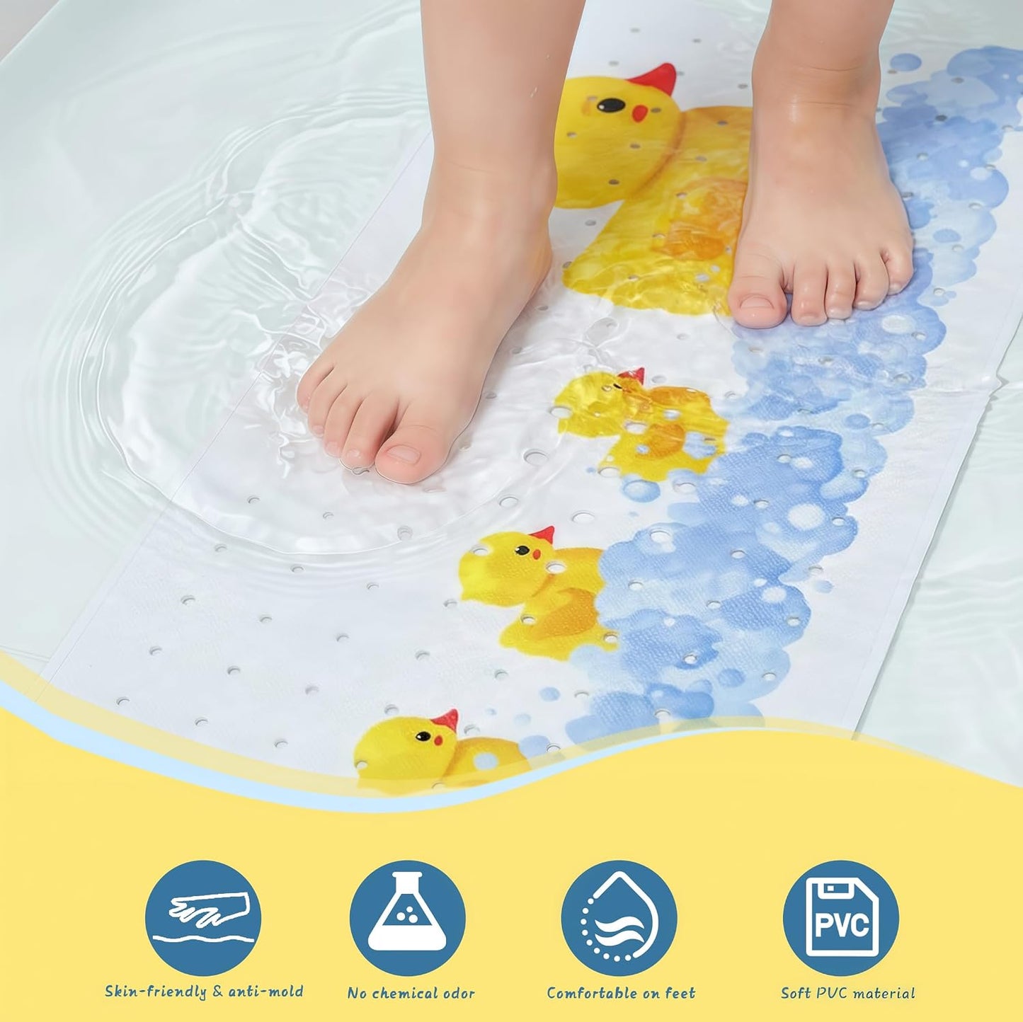 Bath Mat Non Slip Cute Yellow Duck - 100x40cm Extra Long Kids Bath Mat Anti Mould, Machine Washable Toddler Shower Mat with Suction Cups for Secure Grip, Easy Clean & Fast Drying