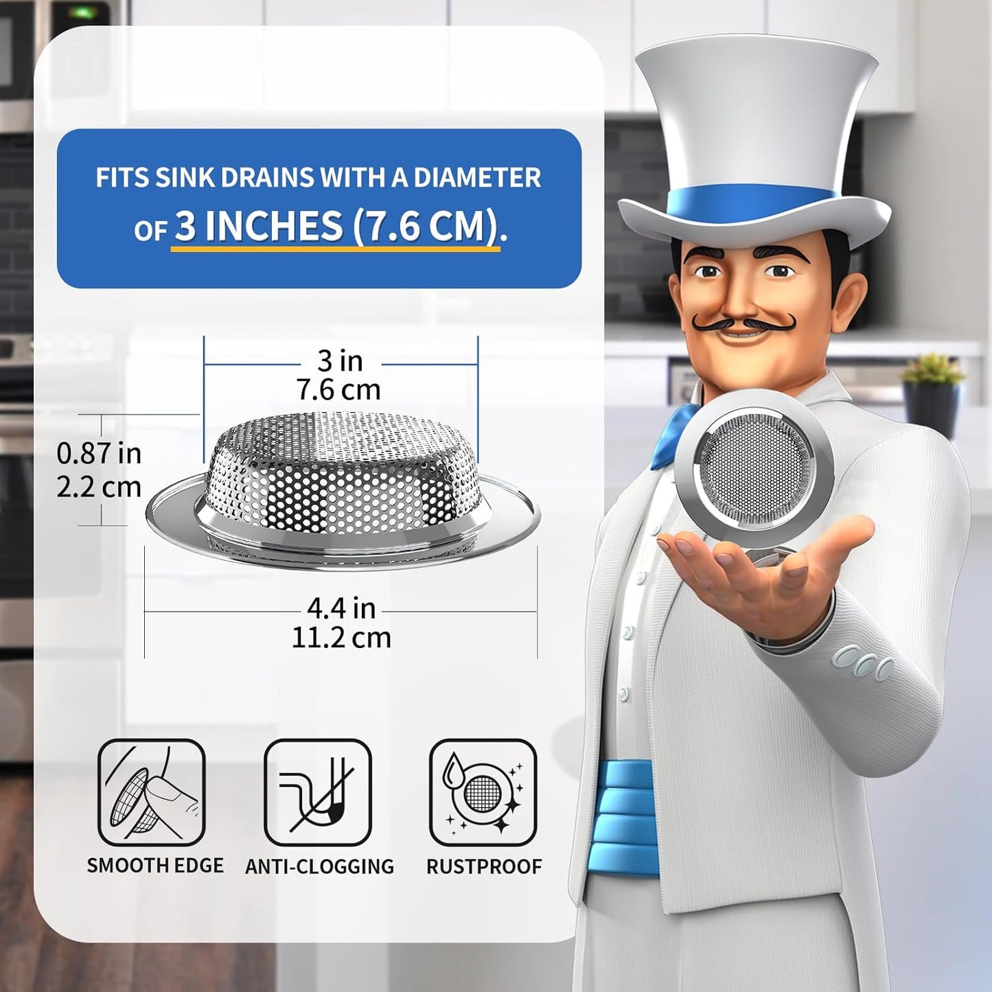 MR.SIGA Kitchen Sink Strainer, Stainless Steel Sink Drain Strainer, Dishwasher Safe(External Diameter 11.2cm, Inner Diameter 7.6cm,Pack of 3)