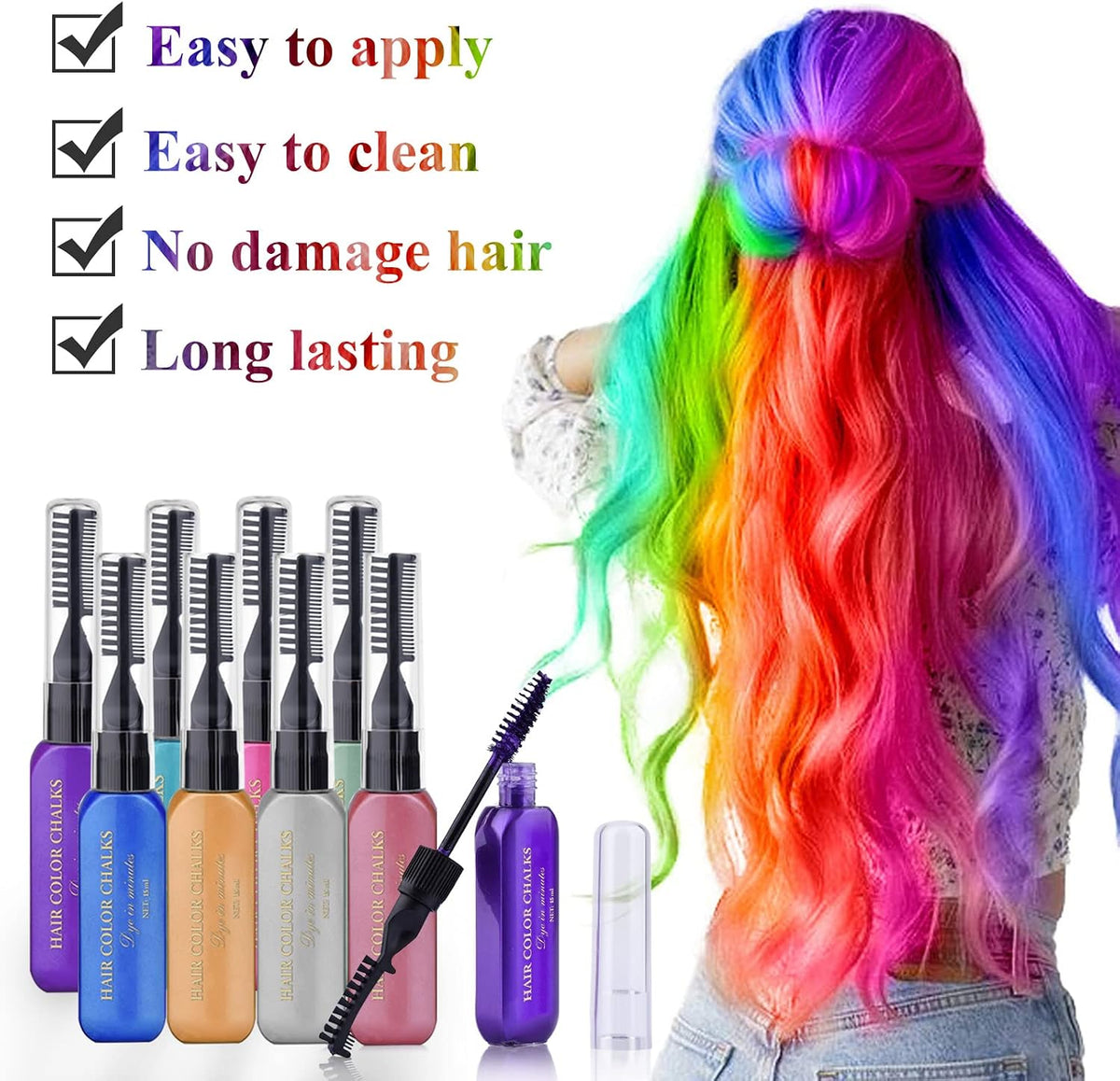 Hair Chalks for Colour Dyeing, 8 Coloured Hair Dye Temporary, Eight Washable Hair Dye Colours for Men and Women, Also Suitable for Eyelashes Eyebrow (15ml per Bottle)