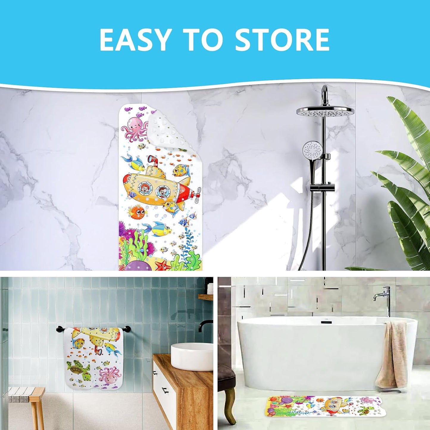 Capslpad Bathtub Mat Non Slip Anti Mould 40x100 cm Cartoon Submarine Bath Mats Extra Large Soft Bath Seat Mat with Suction Cups & Drain Holes Machine Washable Sea Animals Bath Mat
