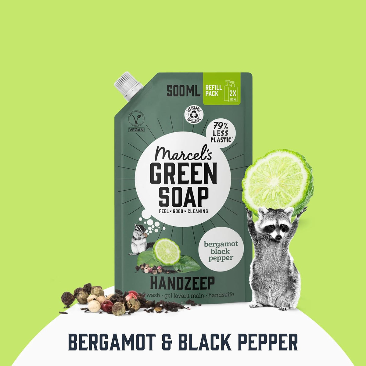 Marcel's Green Soap - Hand Soap Refill Black Pepper & Bergamot - Handwash Dispenser Refill - Microplastic-free formula - Vegan - Packaging recyclable - 500 ml