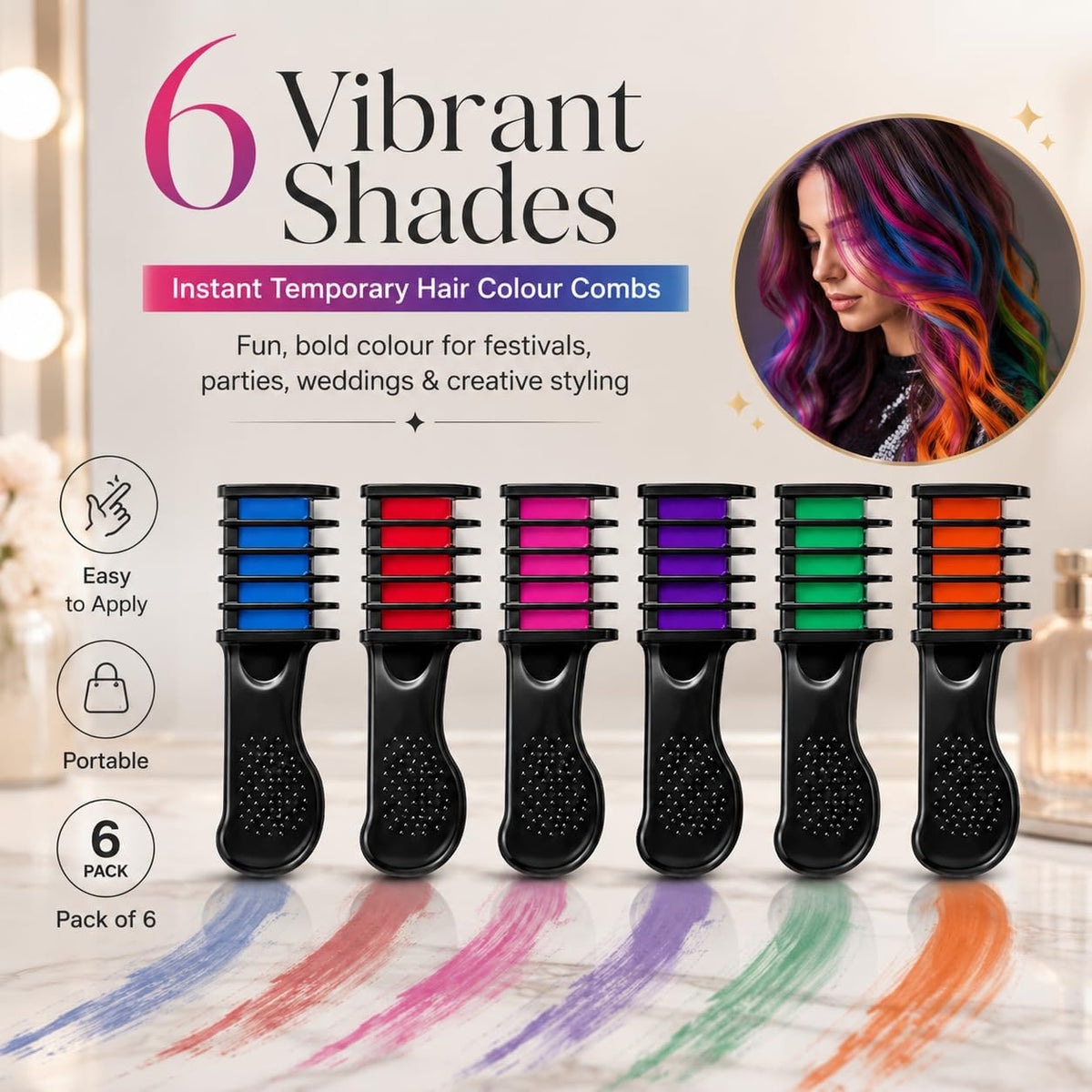 6PK Hair Colour Combs - Instant Temporary Hair Colour Brushes for Wet & Dry Hair - Perfect for Festivals, Parties, Weddings (PACK OF 6)