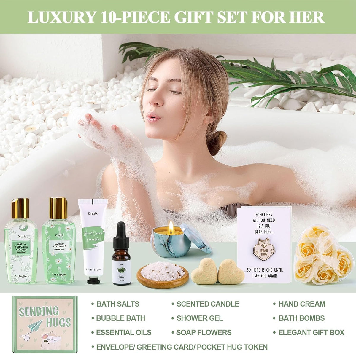 Sending Hugs Pamper Gifts Box for Women, Hug in a Box Care Package for Her with Pocket Hug Token, Relaxation Bath Gifts Set Thinking of You Birthday Gift for Women Friends Bestie Sister