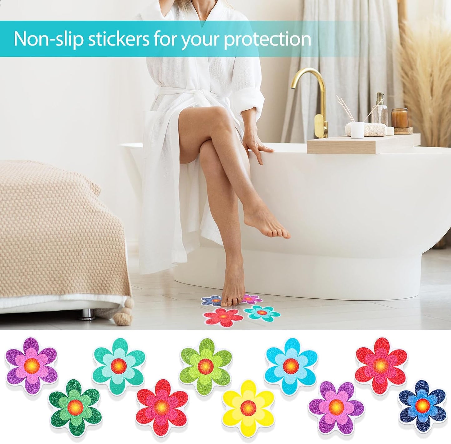 Amabro Colorful Sunflower Anti Slip Bathtub Strips, 10PCS Adhesive Shower Sticker for Bathtub Non-Slip Strip Stickers Anti Skid Tape Flooring Safety Tape Mat with Scraper for Bath Shower