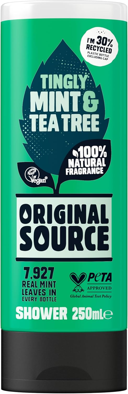 Original Source Mint and Tea Tree Shower Gel, 100 Percent Natural Fragrance, Vegan, Cruelty Free, Paraben Free, Bulk Buy, Pack of 6 x 250 ml