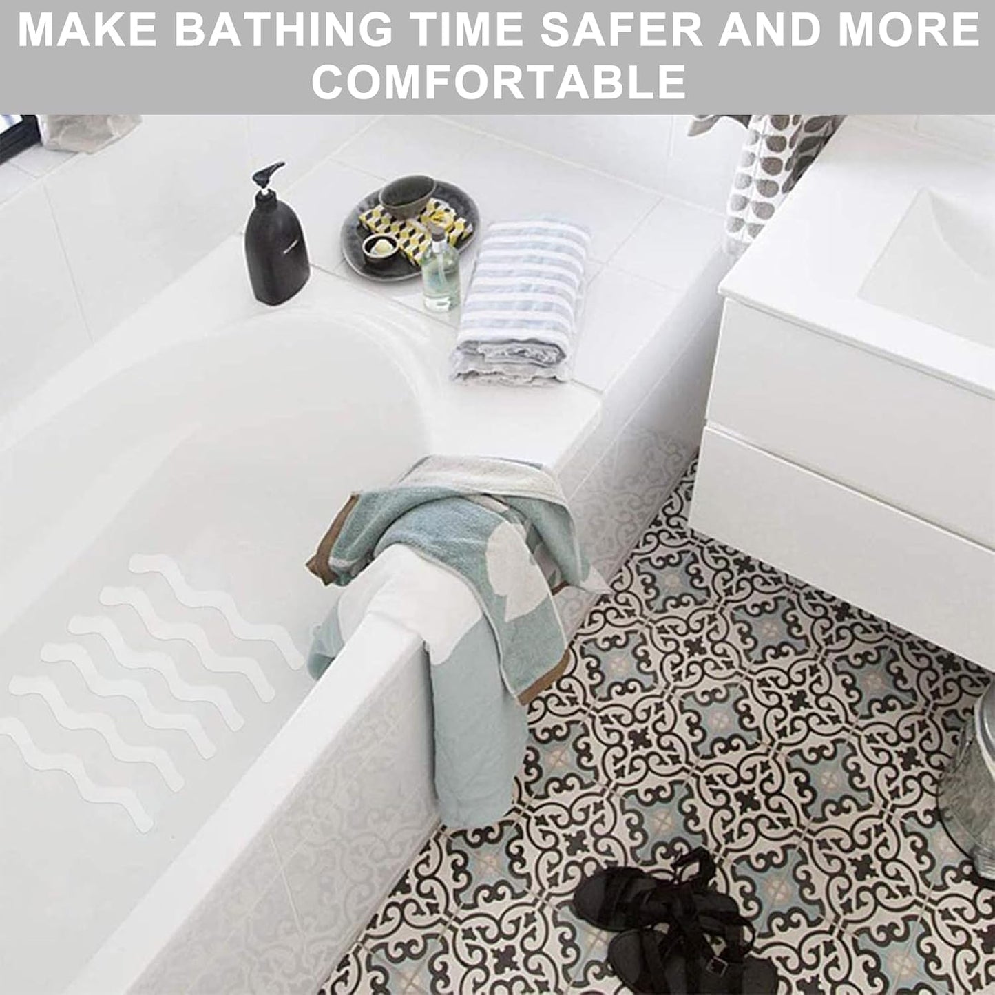24 Pcs non slip bath stickers - wave shaped anti slip bath stickers - transparent self adhesive non slip shower stickers - suitable for bathtubs, stairs, shower rooms, and other slippery surfaces