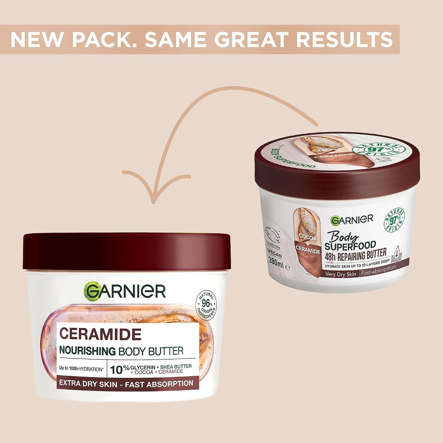 Garnier Body Superfood, Repairing Body Butter, With Cocoa & Ceramide, Body Butter for Very Dry Skin, Vegan Formula, Approved by Cruelty Free International, 380ml