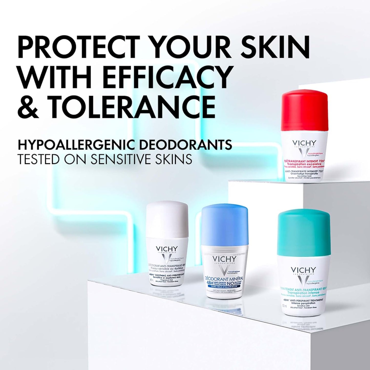 Vichy Deodorant 48 Hr Anti-Perspirant Roll-On For Daily Use on Sensitive Skin, No Trace, White Marks or Yellow Stains, Hypoallergenic, Paraben Free, and Alcohol-Free, 50ml