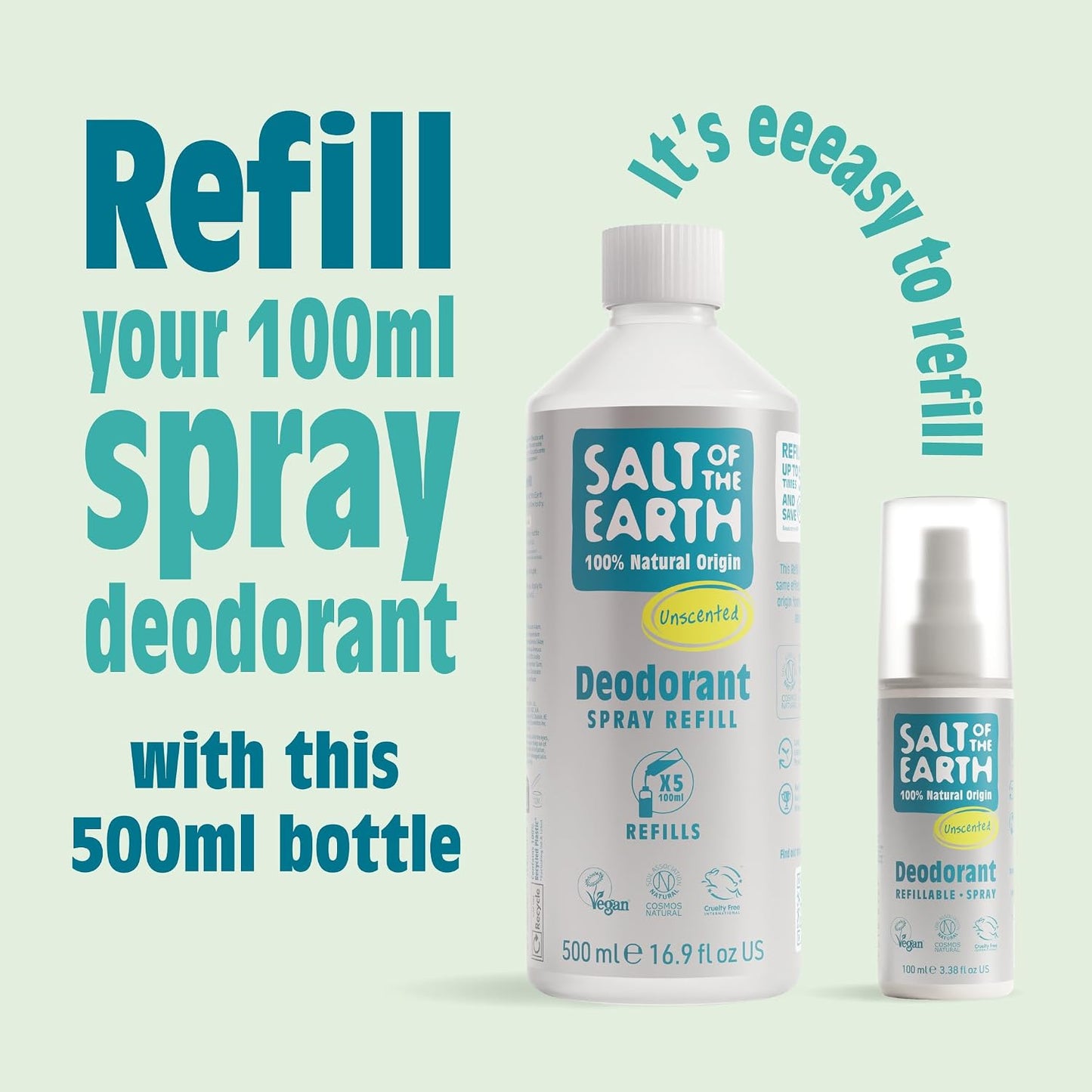 Salt of the Earth - Natural Deodorant Spray Refill - Unscented - 100% Natural Origin Ingredients - Vegan - Suitable for Men, Women & Children - 500ml