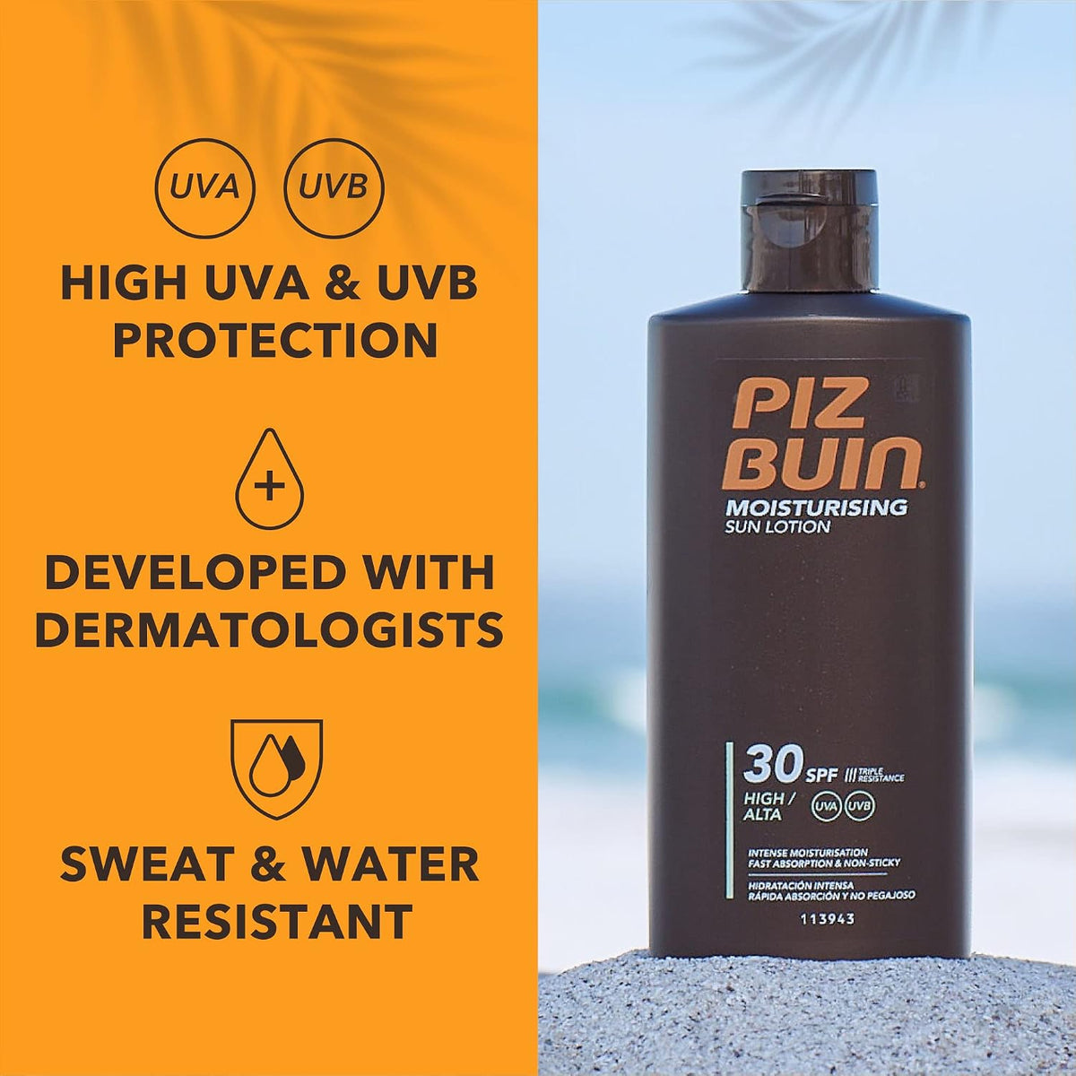 Piz Buin Moisturising Sun Lotion SPF 30 (200ml), Water-Resistant Piz Buin 30 Sunscreen with Advanced UVA/UVB Protection, Skincare with Glycerin and Feverfew PFE Plant Extract