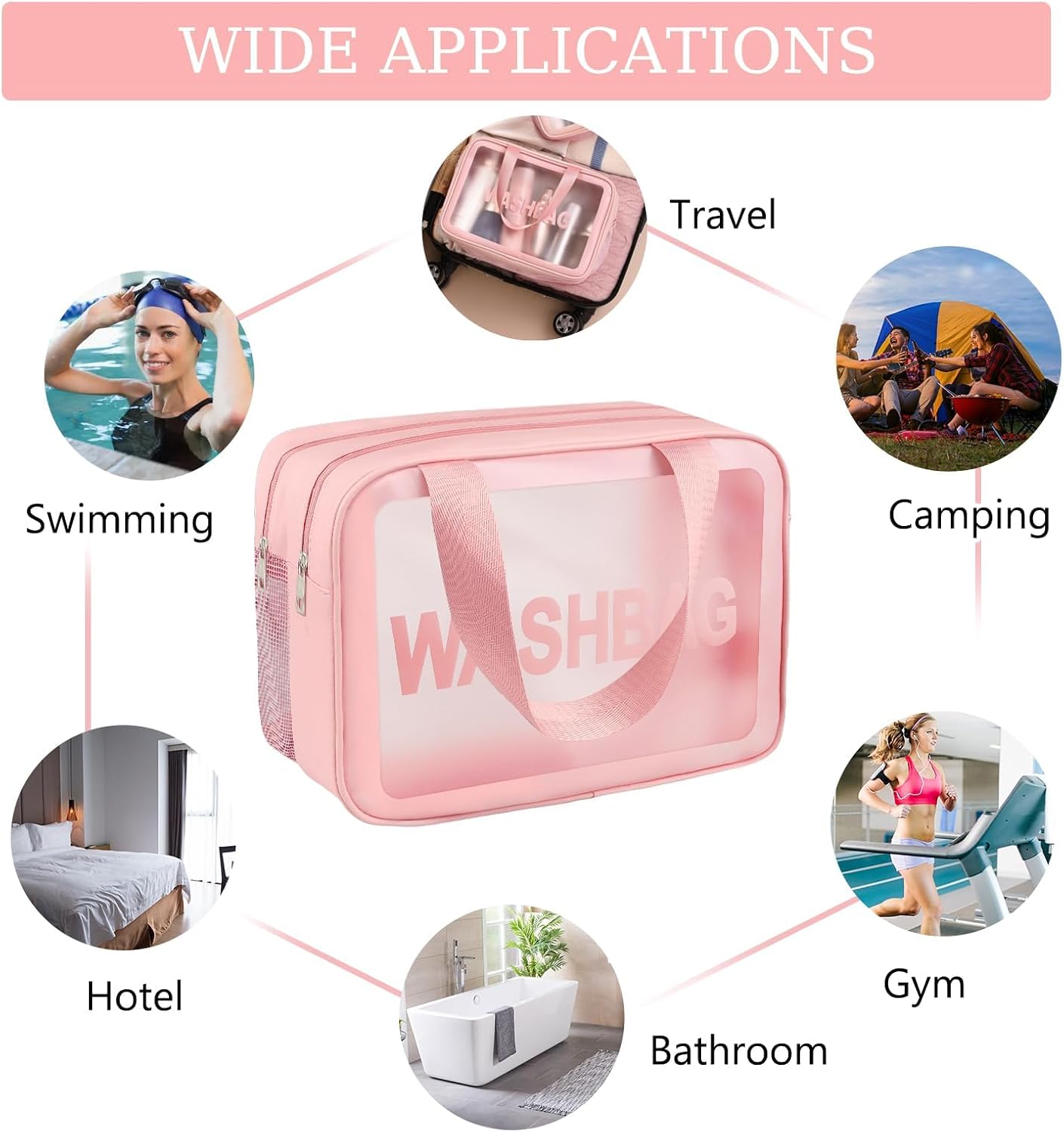 Clear Toiletry Bag, Wet Dry Separation PVC Makeup Cosmetic Bag, Large Capacity PVC Wash Bags with Handles for Women Girls Pink