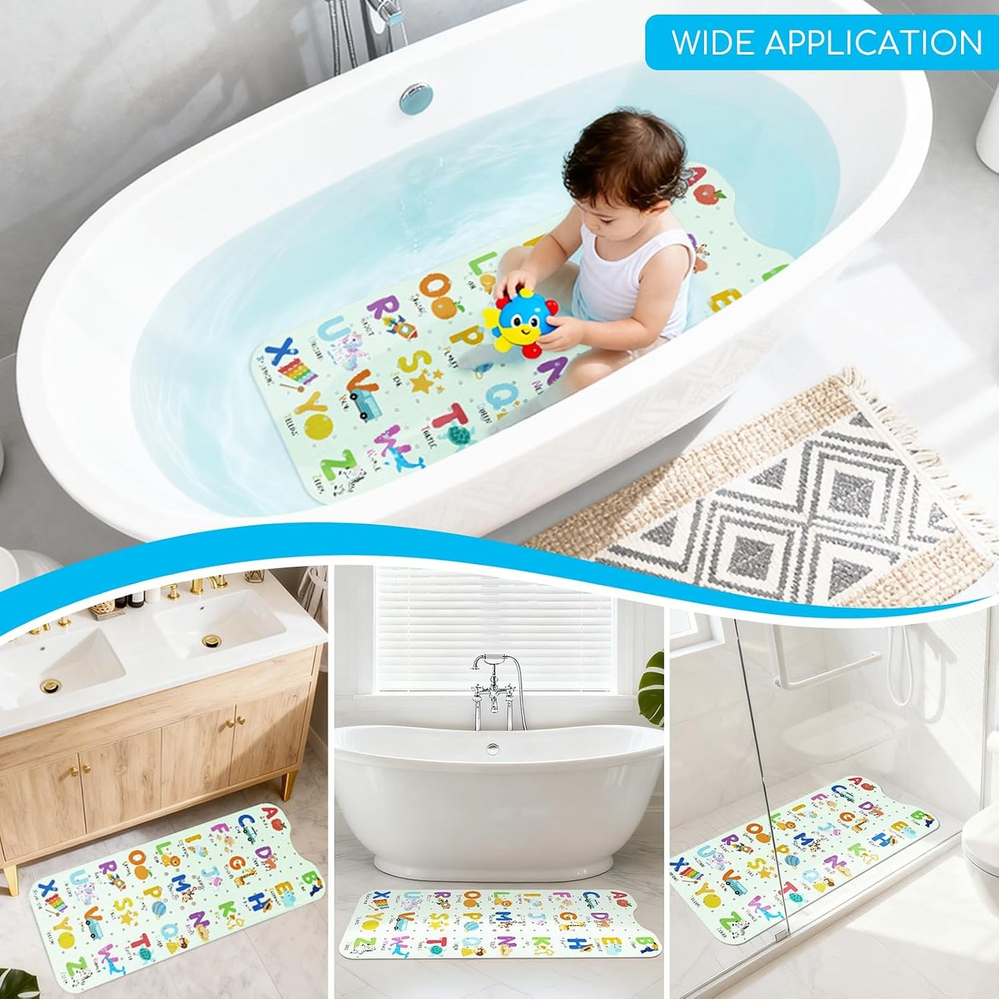Baby Bath Mat Non Slip for Tub, 100 * 40cm Long Bathroom Bathtub Mat, Anti Slip Shower Mat with Suction Cups and Drain Holes, Alphabet