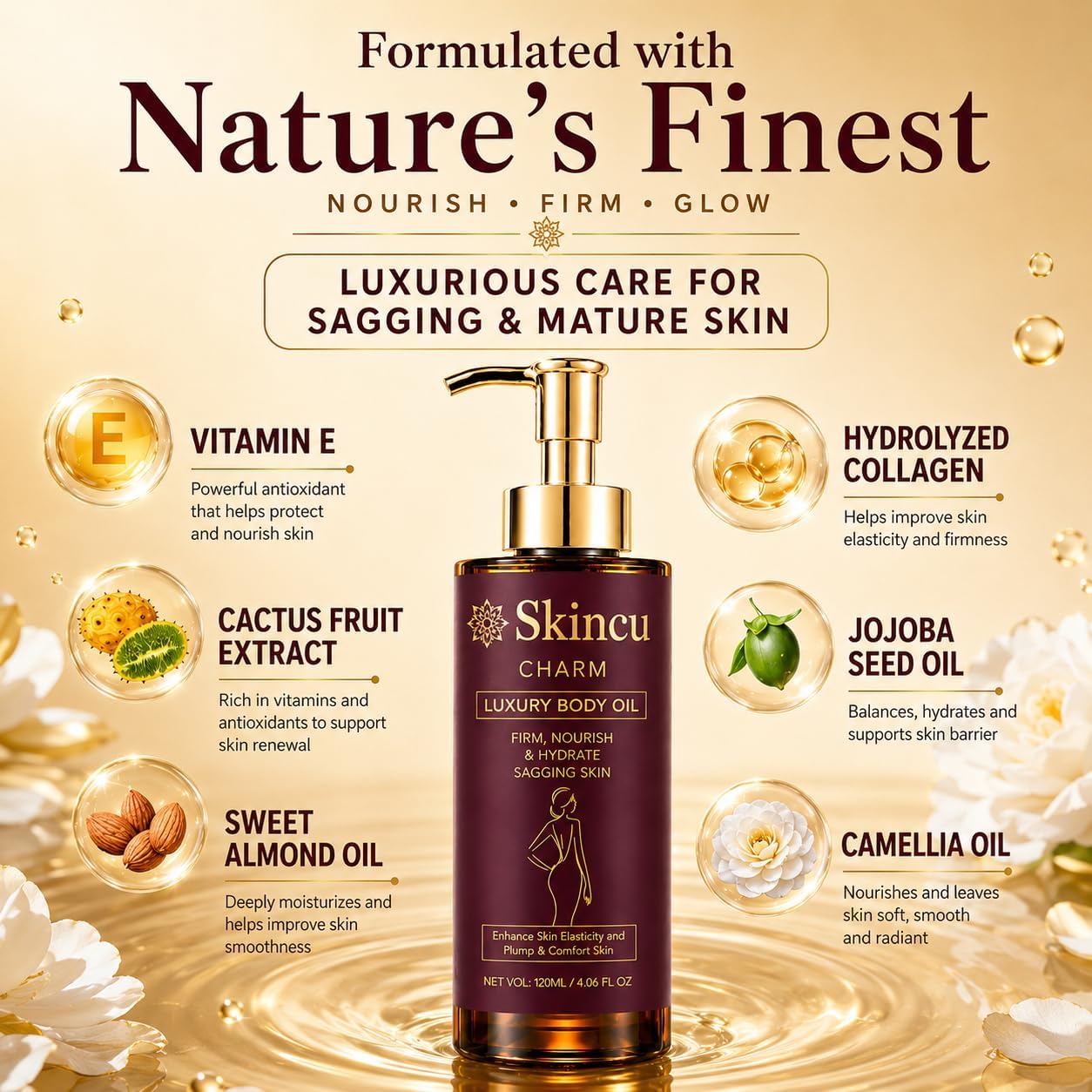 Anti-Aging Body Oil, Firms Skin, Absorbs Quickly, And Is Non-greasy, 120ml Skincu Glow Remedy Oil, Infused with Collagen & Botanical Extracts, Deep Moisturising, Ideal for Dry Body Areas