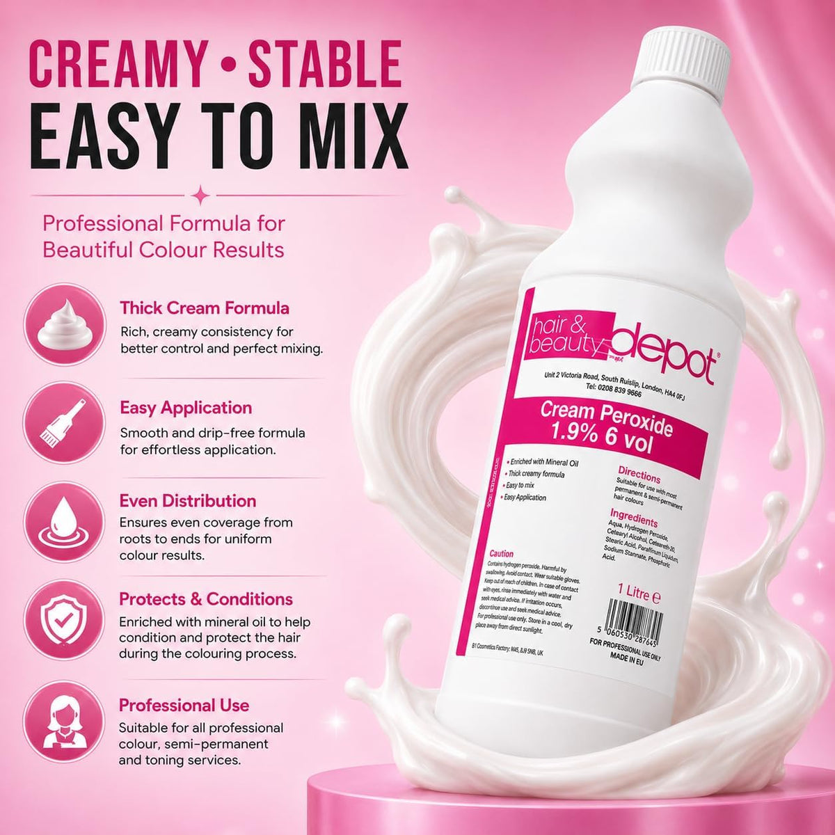 Cream Peroxide 6 Volume 1.9% Developer 1L, Thick Non-Drip Formula, Oxidising Cream for Hair Colour and Toners, Salon Quality