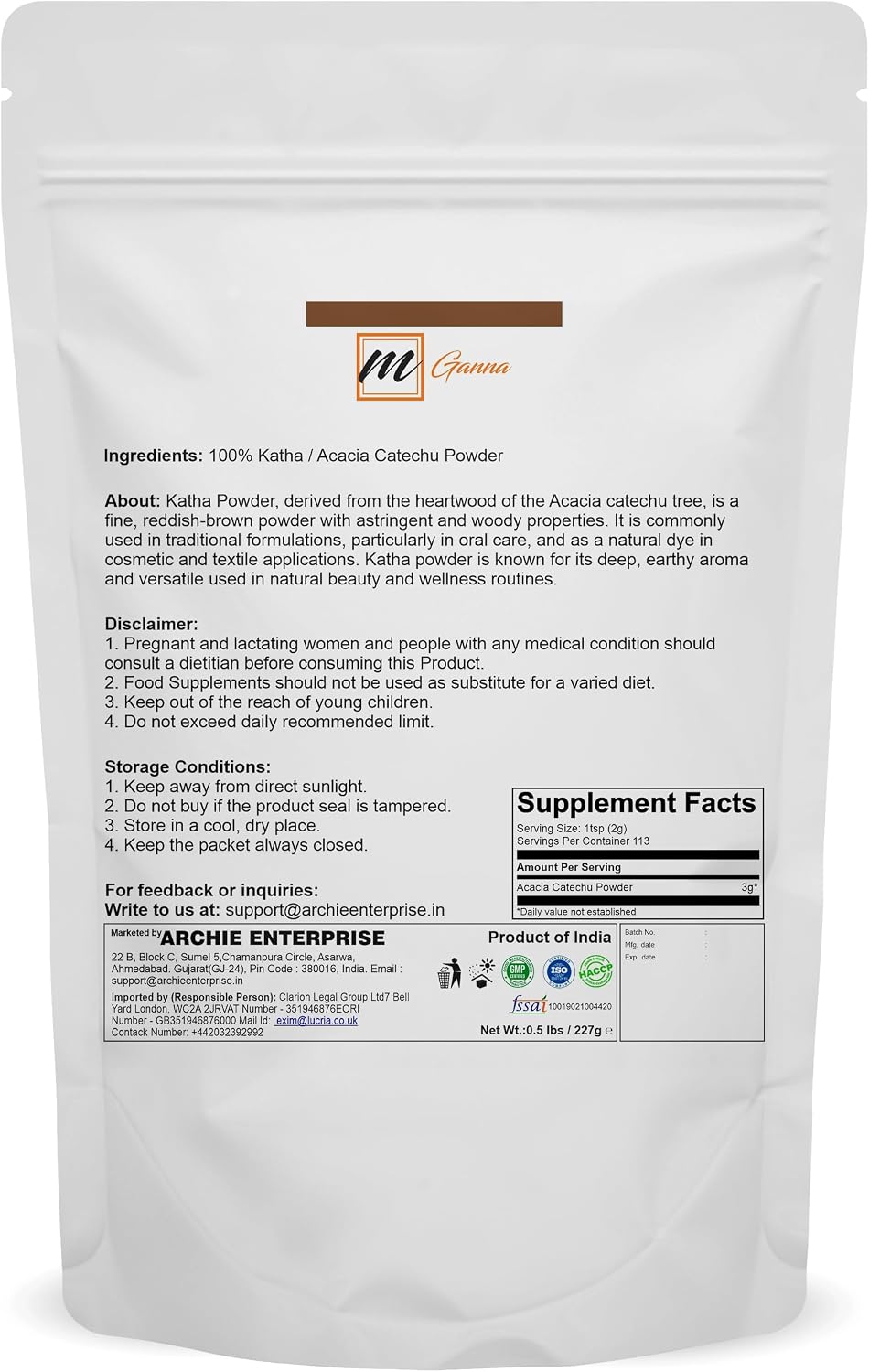 Acacia Catechu | Katha Powder for Hair Color & Conditioner 0.5 LBS / 227 GMS
