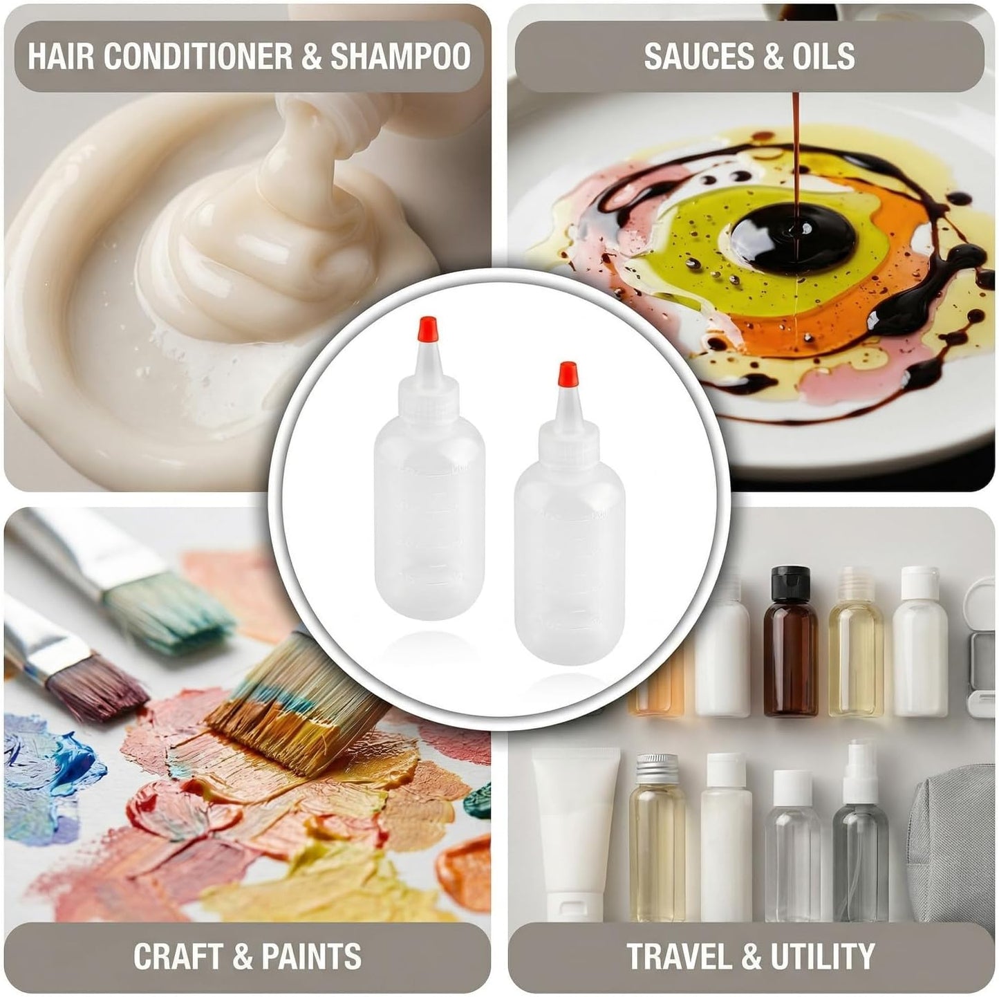 2PCS 120ml Squeeze Applicator Bottles with Red Pointed Tip & Graduated Scale, Reusable Translucent PE Plastic Liquid Dispensers for Hair Dye, Shampoo, Conditioners, Travel & DIY Crafts