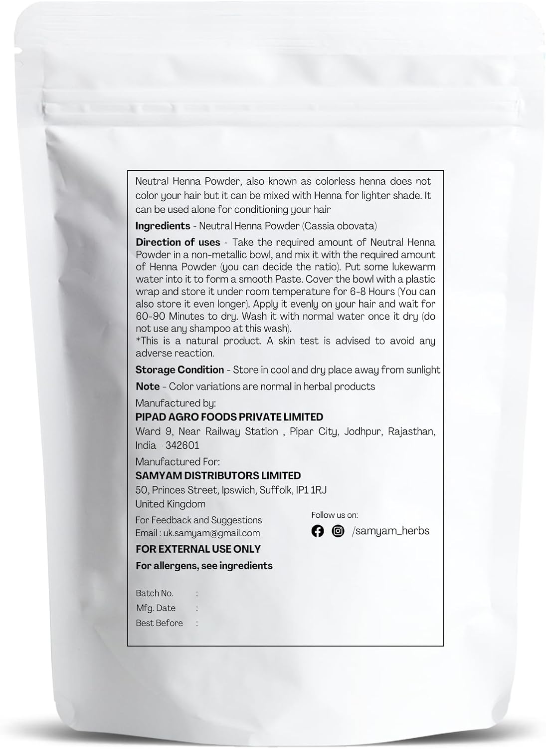 SAMYAM COLORLESS/Neutral Henna (Cassia obovata) Powder - 200g Pack | Natural Hair Conditioner, PPD and Chemical Free