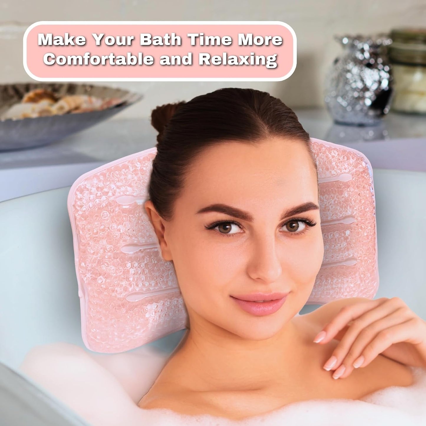 Pink Cooling Gel Bath Pillow | Head & Neck Support for Soothing Baths | Relax in Comfort, Fits Every Tub, Secure Grip