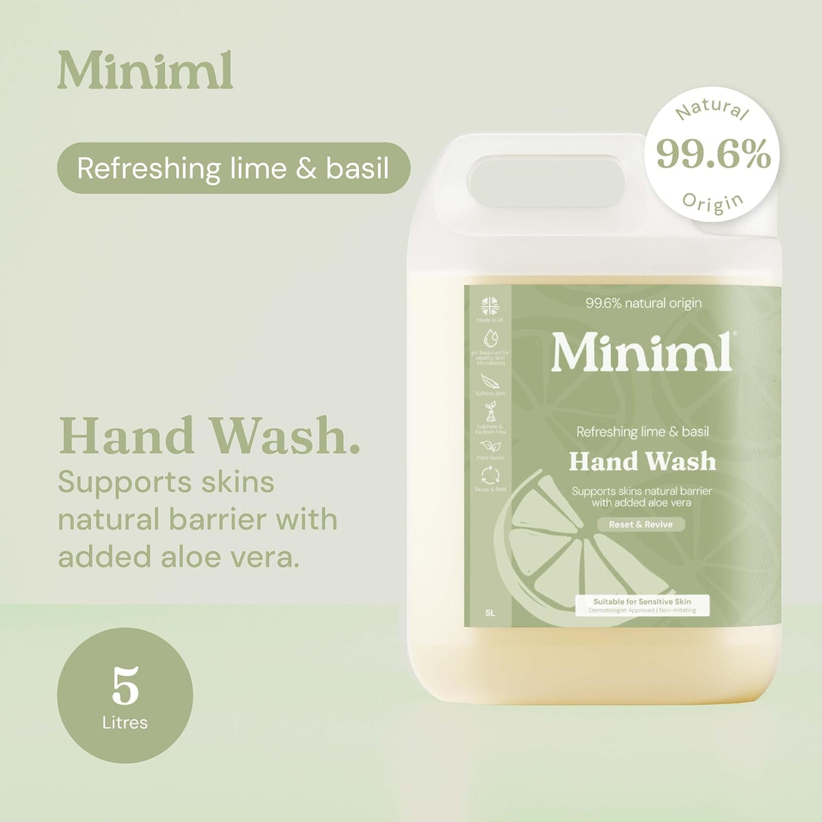 Miniml Hand Soap Wash Liquid 5L Refill - Lime, Basil & Mandarin Infused Hand, Skin & Body Wash Gel for Soft and Sensitive Skin Care - 100% Vegan & Cruelty Free