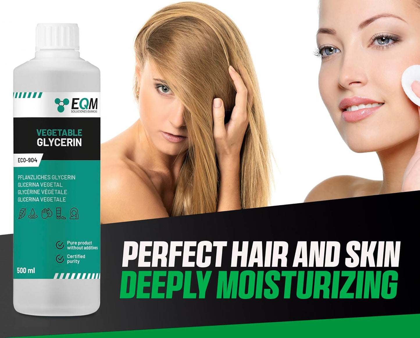 EQM - ECO-904 - Liquid Vegetable Glycerin - 100% Pure & Natural - 500 ml - Pharmaceutical Grade - Natural Moisturizer for Hair and Skin - Ideal for Soaps, Shampoos, Creams, etc