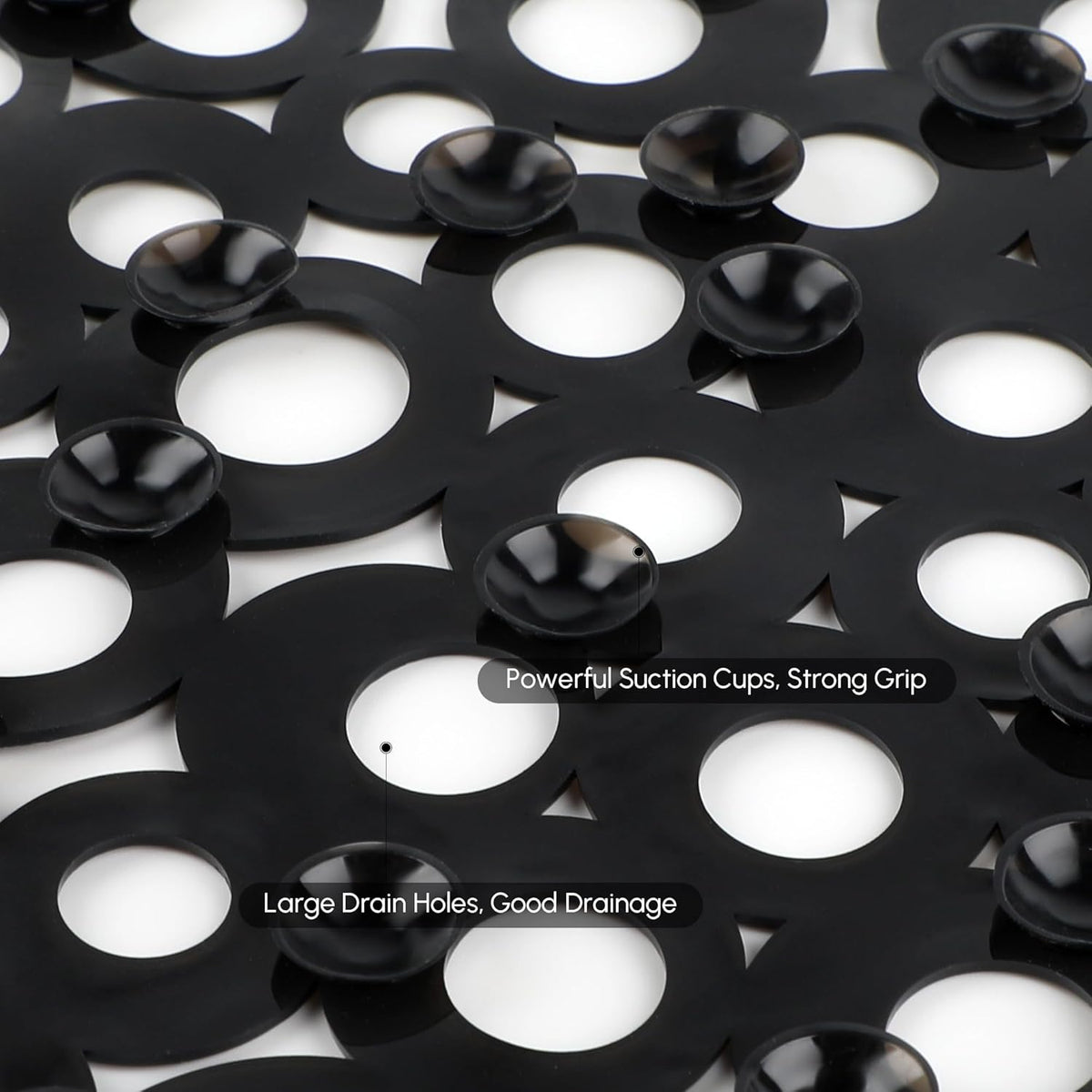 WELTRXE Bath Mat Non Slip Anti Mould, 69x35cm Oval Black PVC Bathtub Mat, Ring Pattern Shower Mat for Inside Bath, Non Slip Bath Tub Mat with Suction Cups, Quick Drain, Machine Washable