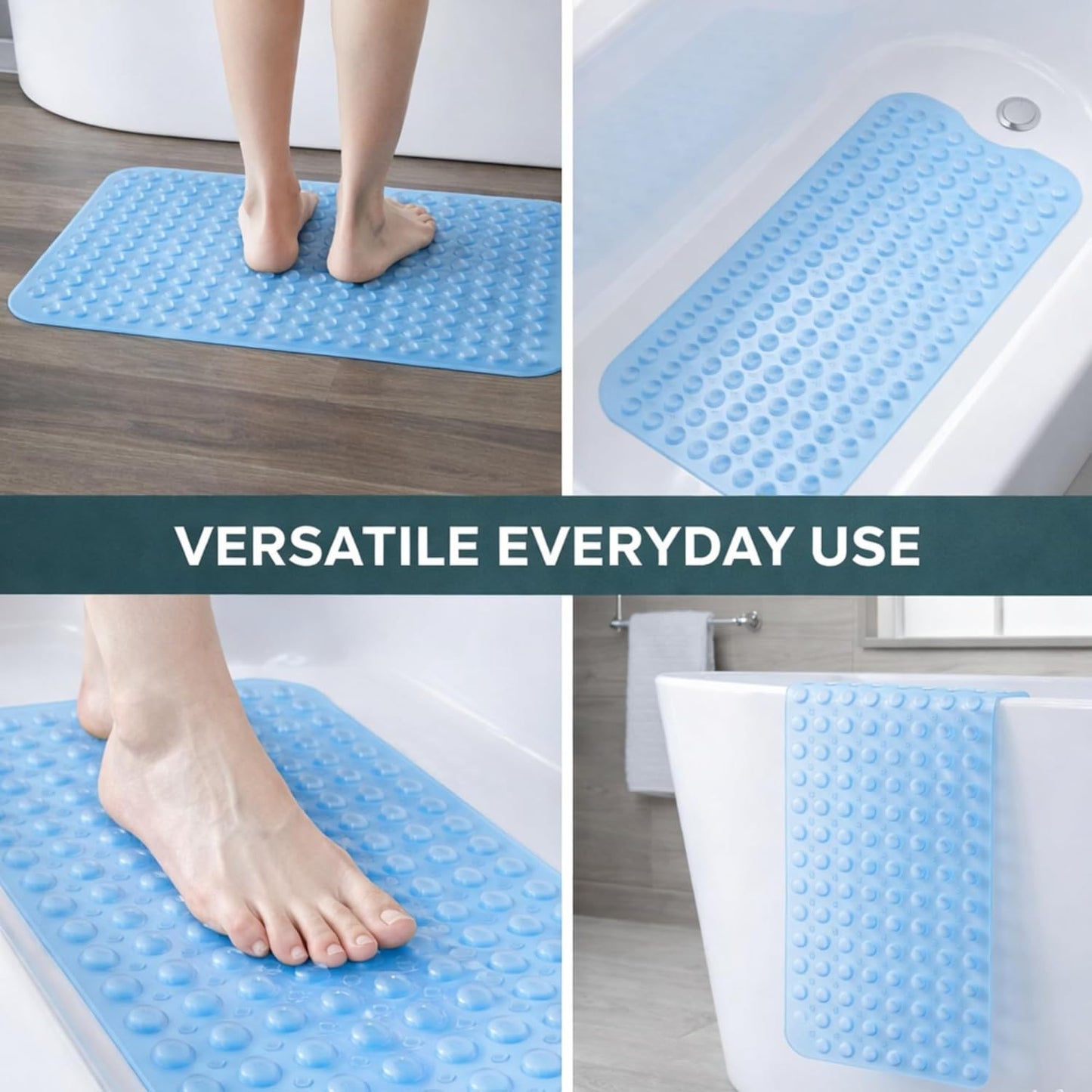 Non Slip Bath Mat - Extra Long Non-Slip Anti Mould Shower Mat - Machine Washable Anti Slip Bathroom Floor Mats with Strong Rubber Suction Cup Grip - Blue 100 x 40 x 0.5 cm