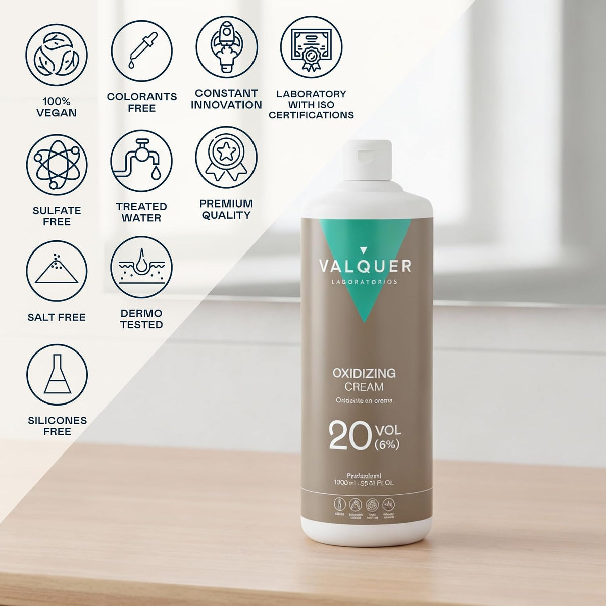 VALQUER Stabilized Hydrogen Peroxide Cream 20 Vol. | 1 L | Professional Cream Developer for Permanent Hair Colour & Bleaching | 6% Stabilized Formula | Vegan