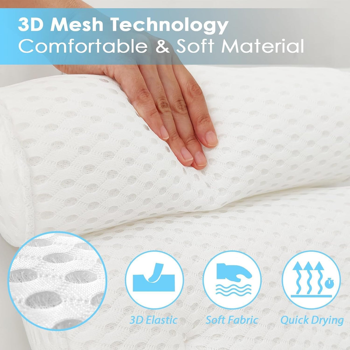 Top Home Solutions®Bath Pillow - Extra Thick and Soft with Strong Suction Cups, Bath Pillow For Head And Neck with 3d Air Mesh Quality Comfort & Built-In Hook For Easy Drying & Storage (White)