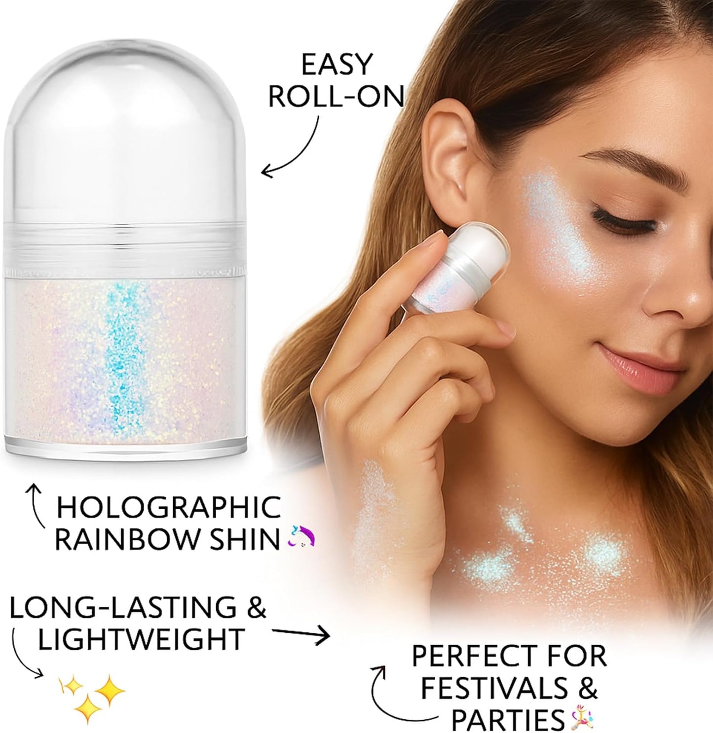 Festival Accessories Mermaid Sparkle Roll-On Body Glitter Gel – Iridescent Holographic Face Glitter Hair & Body Shimmer – Long-Lasting Festival Makeup for Raves, Stage, Daily Party (Mermaid Sparkle)