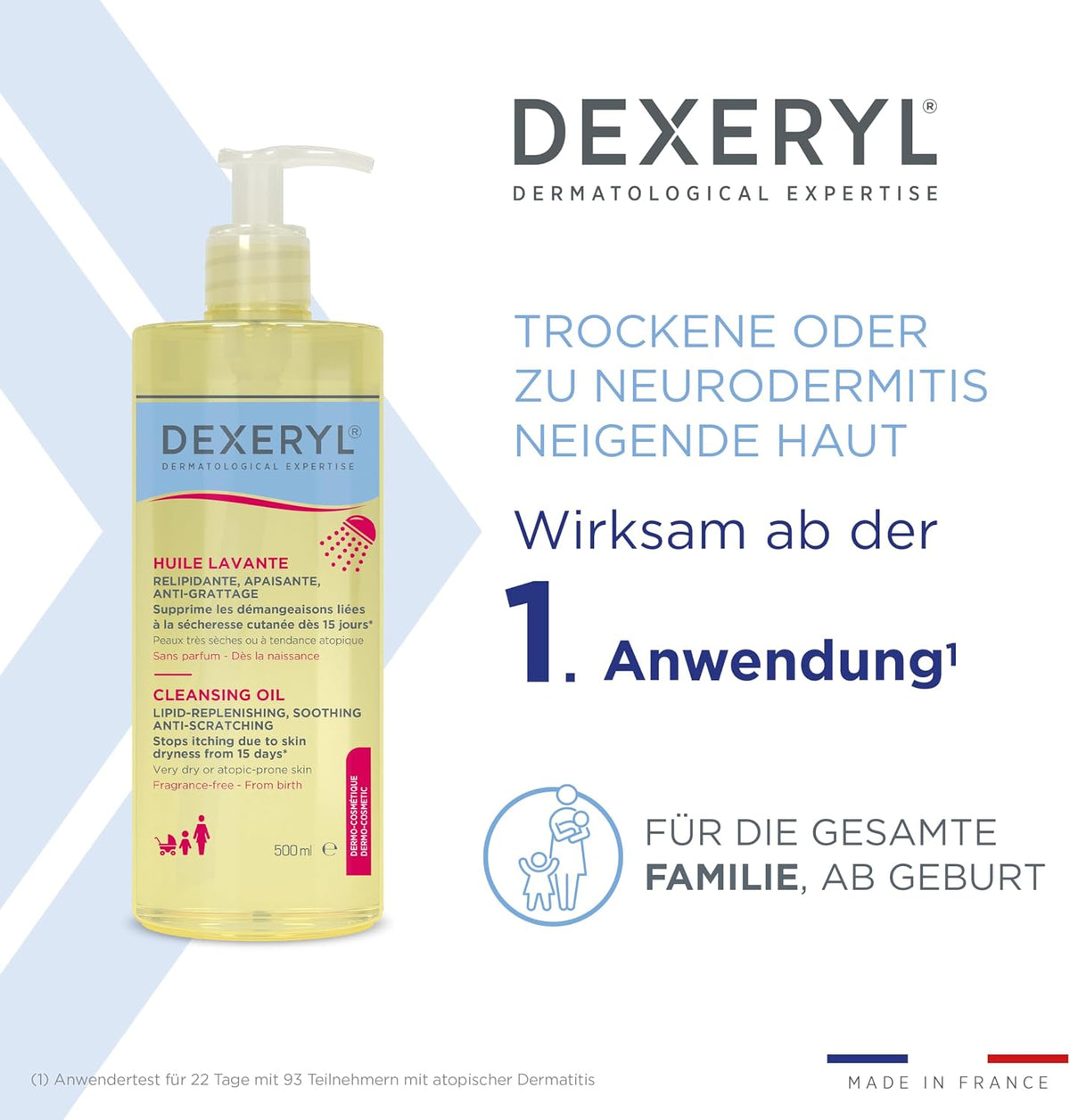 DEXERYL Cleansing Oil: for daily cleansing of body and face, for dry and eczema prone skin, 1 x 500 ml