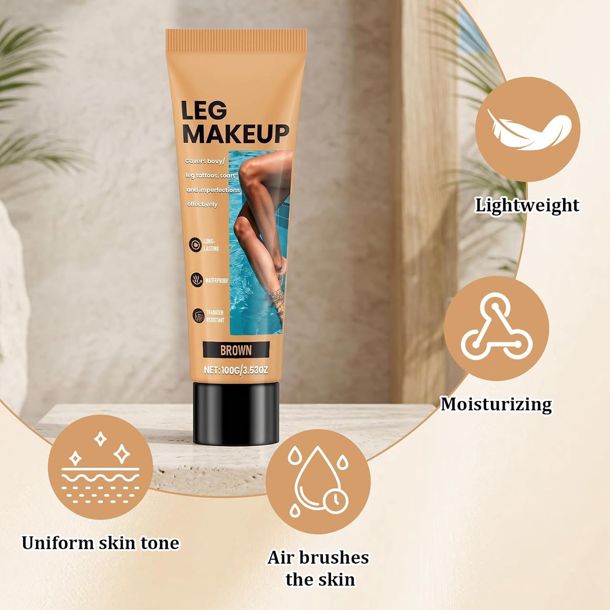 Waterproof Leg Makeup Cream, Full Coverage Body Makeup with Brush, Water Resistant Transferproof(Brown,100ml)