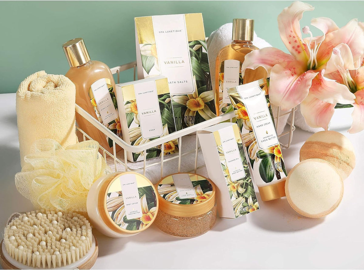 Spa Luxetique Bath Sets for Women Gift, 15pcs Vanilla Spa Gift Sets with Bubble Bath, Body Scrub, Pamper Gifts for Women, Mothers Day Gift for Mum, Birthday Gift Sets, Valentines Gifts for Her
