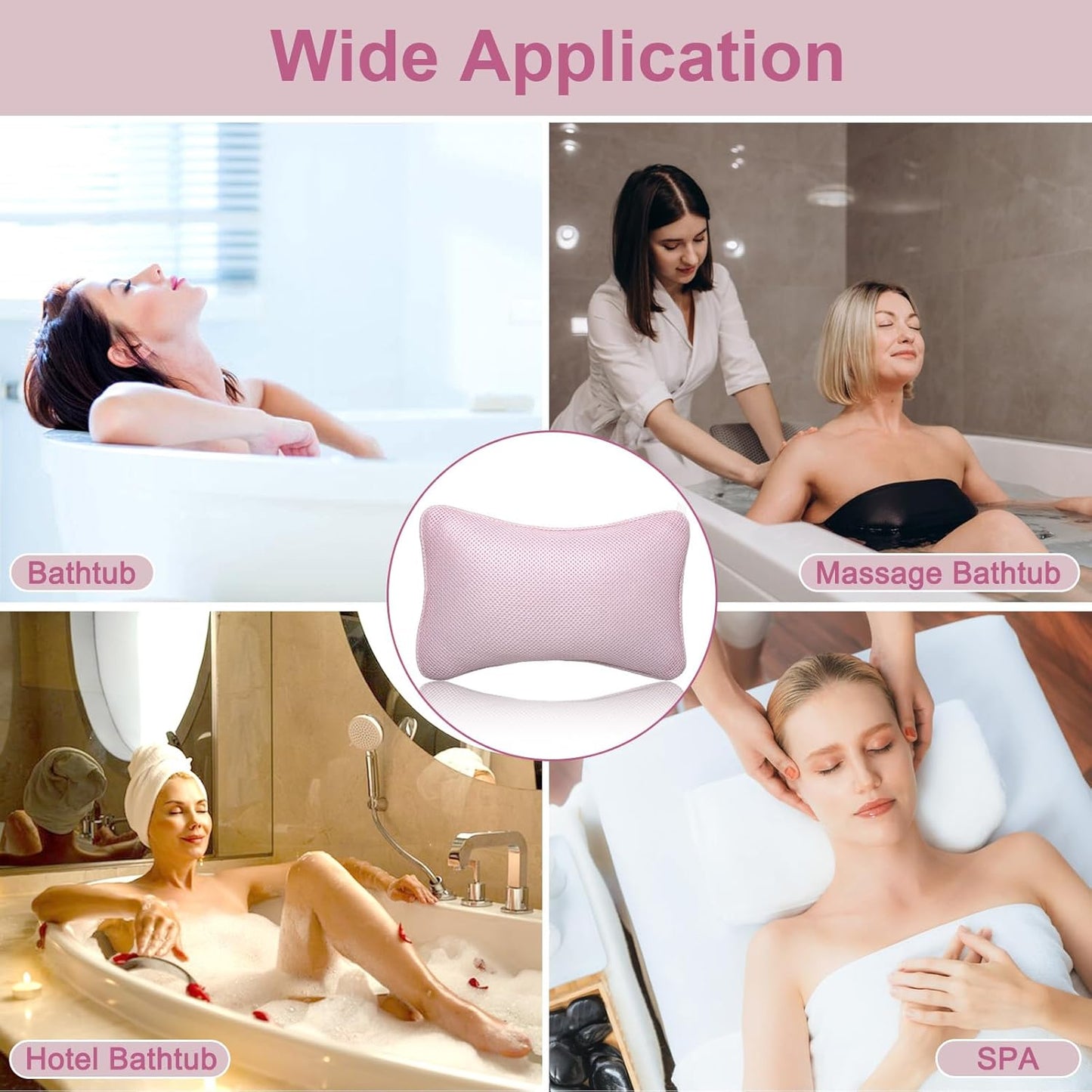 3D Bath Pillow for Bathtub - Breathable Mesh Tub Pillow for Head and Neck, Rectangular BathPillow with 2 Strong Suction Cups, Ergonomic Luxury Bath Pillow for Optimal Neck Relaxation(Pink)