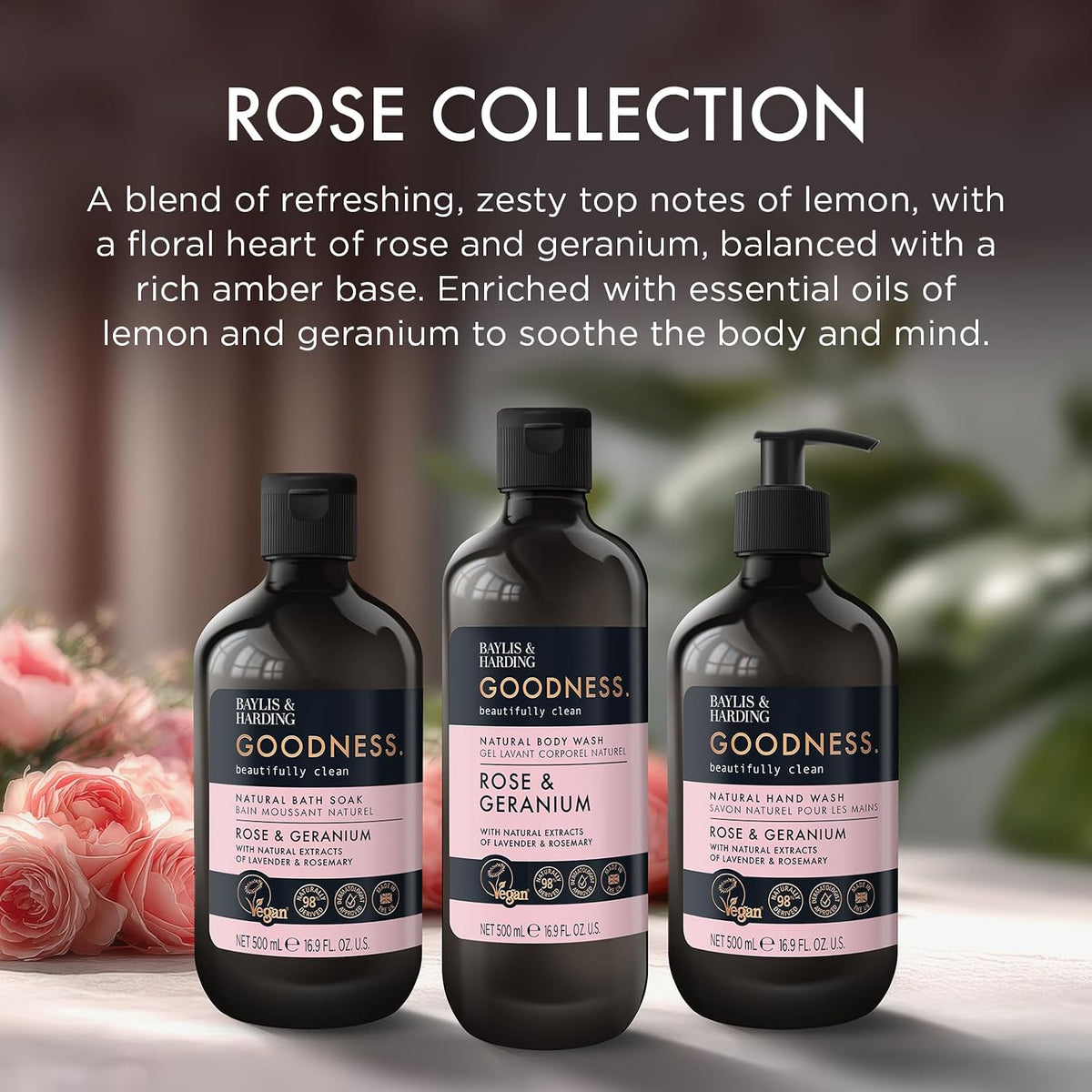 Baylis & Harding Goodness Rose & Geranium Natural Body Wash, 500 ml (Pack of 3) - Vegan Friendly