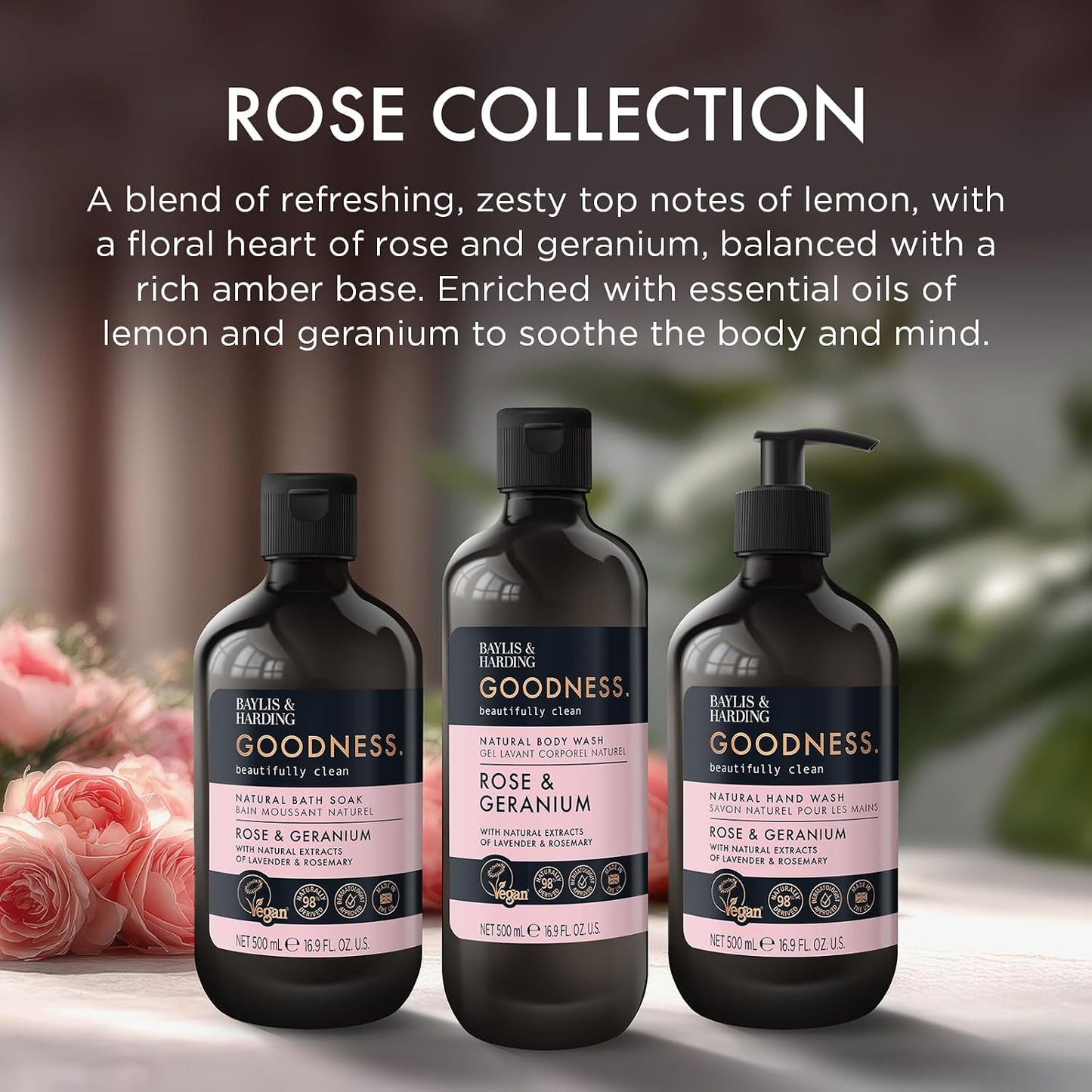 Baylis & Harding Goodness Rose & Geranium Natural Body Wash, 500 ml (Pack of 3) - Vegan Friendly