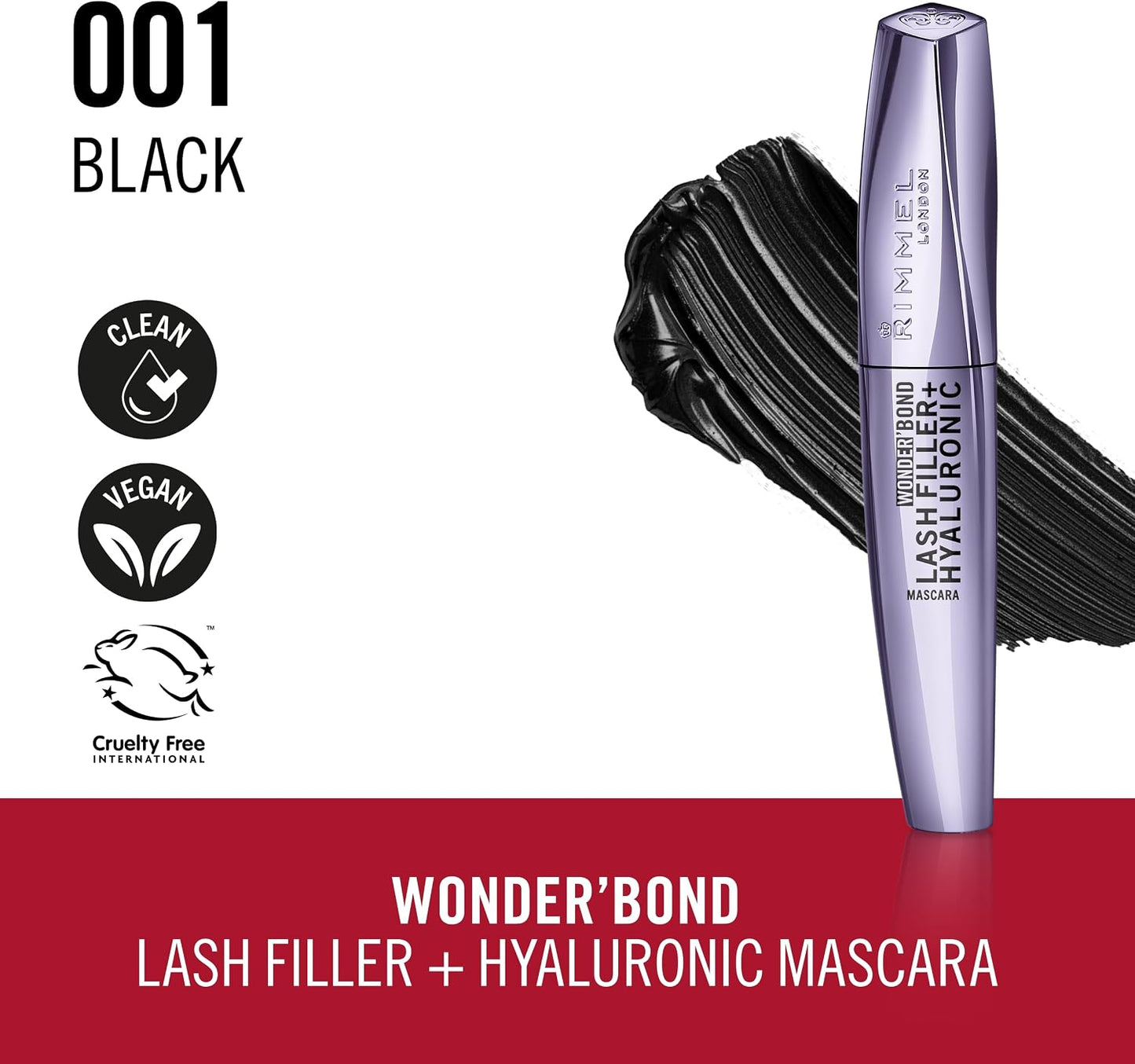 Rimmel Wonder'Bond Lash Filler + Hyaluronic Mascara, 001 Black, Bold Volume, Ultra Curved Brush Design, Long Lasting, Clump-Free, Smudge Proof, Comfortable All Day Wear, Cruelty Free, 11ml