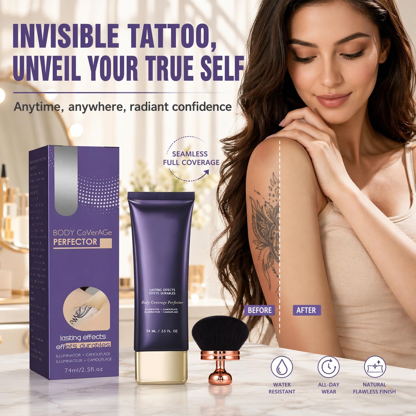 Body Coverage Perfector Waterproof, Leg Makeup Waterproof No Transfer, Tattoo Cover Up Full Coverage Concealer, Body Makeup Skin Tone Repair Cream with Brush, Body Concealer Long Lasting Mature Skin