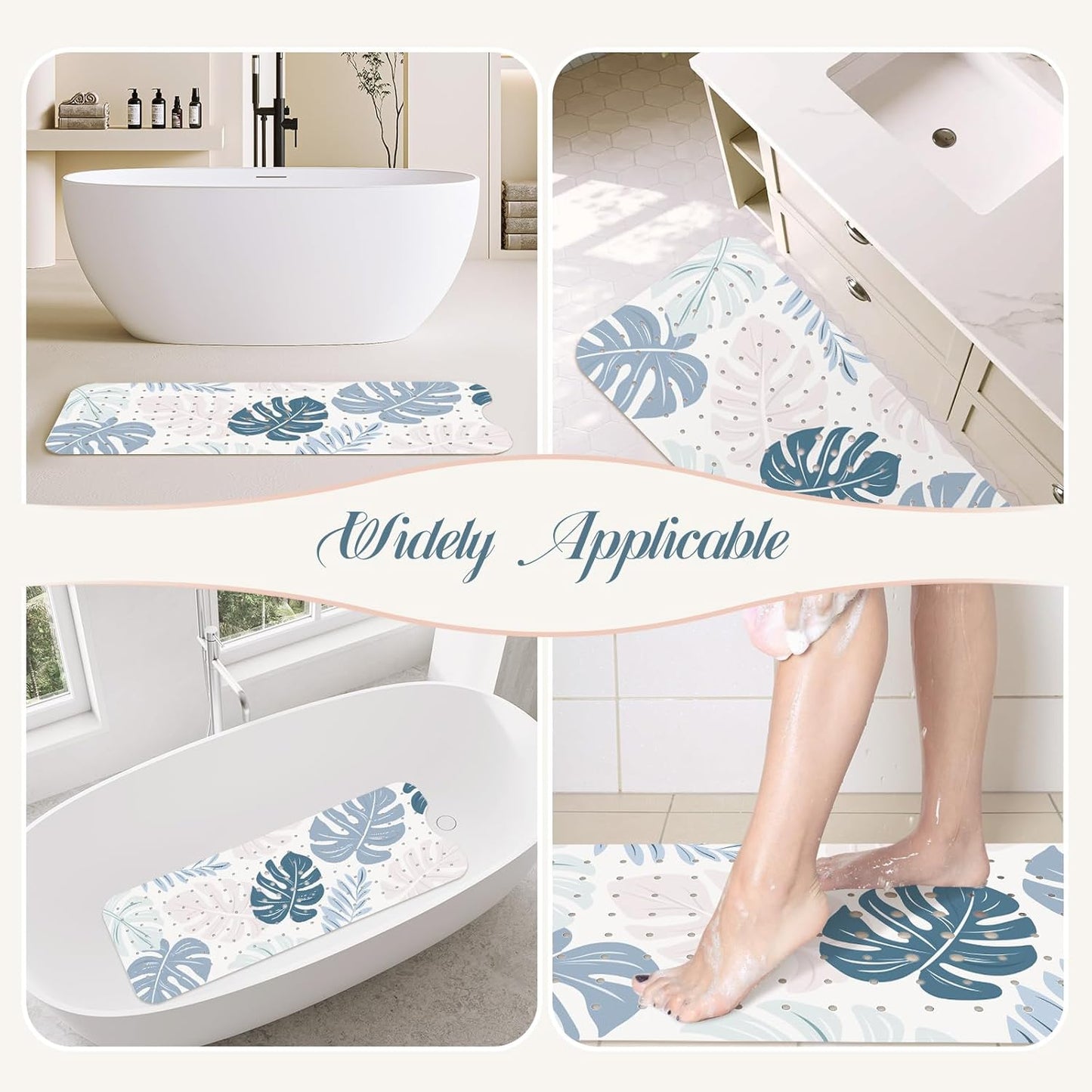 SHUCHING Boho Leaves Bath Mat Non Slip Anti Mould, 100 X 40 cm Extra Long Bathtub Mat Anti Slip, Green Shower Mat Non Slip Anti Mould for Bathroom Machine Washable