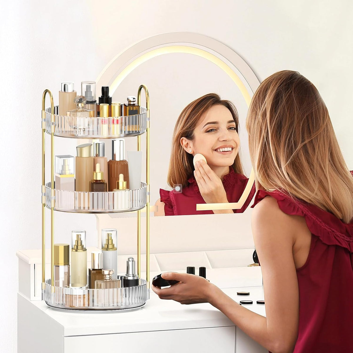 MOKANI 360 Rotating Makeup Organiser, 3 Tiers Spinning Skincare Organiser, Multi-Function Make Up Storage, Large Capacity Cosmetic Perfume Stand for Vanity, Bathroom and Bedroom