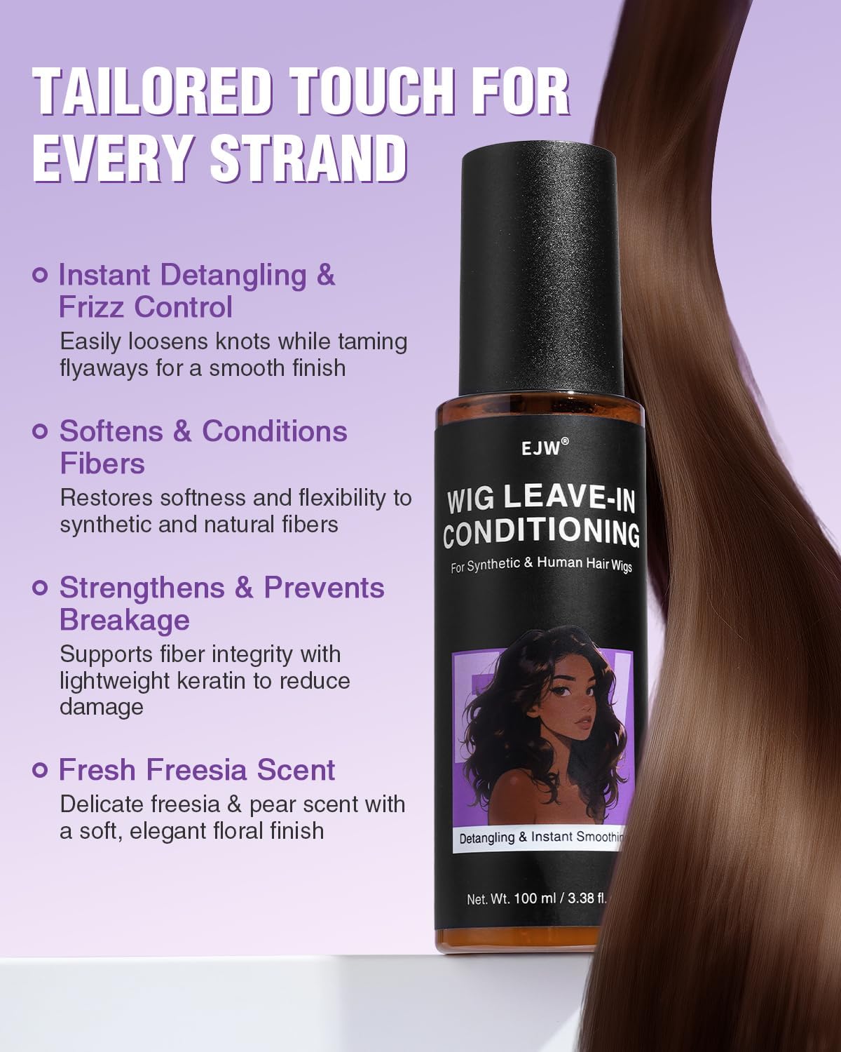 Wig Leave-in Conditioning Spray - Detangling & Frizz Control for Synthetic & Human Hair Wigs - Infused with Plant-Based Repair Complex, Jojoba Oil - No Rinse, Instant Softening, 100ml