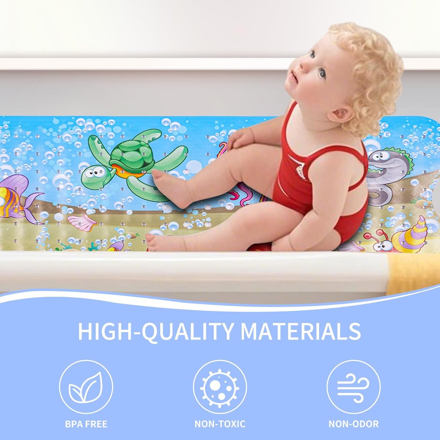 Baby Bath Mats Non Slip Anti Mould 100x40cm Bathtub Mats Extra Long Bath Shower Tub Mat with Suction Cup and Drain Holes,Sea Turtle Cartoon Kids Bath Mat,Machine Washable,for Bathroom Floor