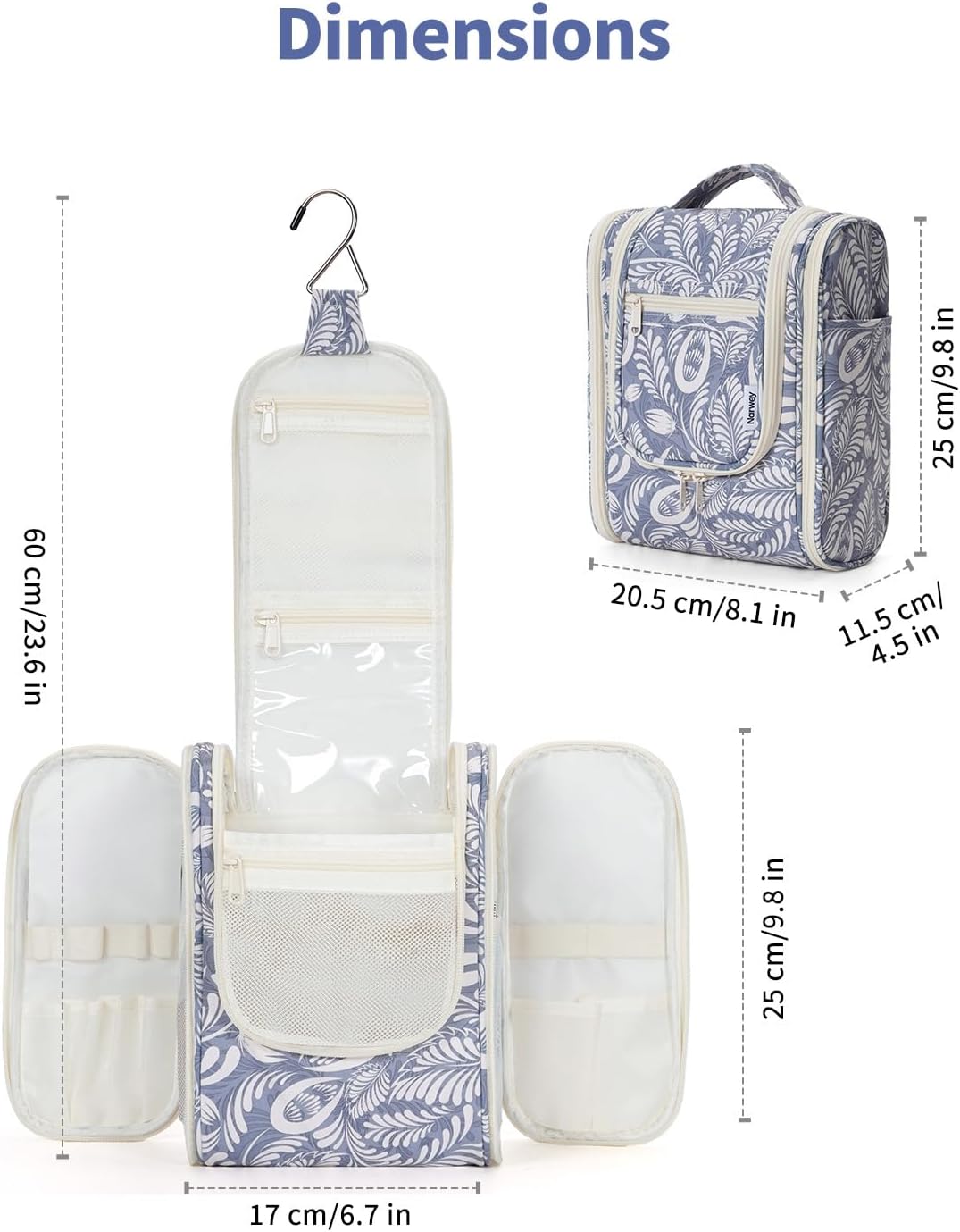 Narwey Hanging Toiletry Bag, Wash Bag Women, Travel Toiletry Bags for Women, Toiletries Bag Washbag Makeup Cosmetic Organiser for Holiday Essentials Accessories (Blue Leaf (Small))