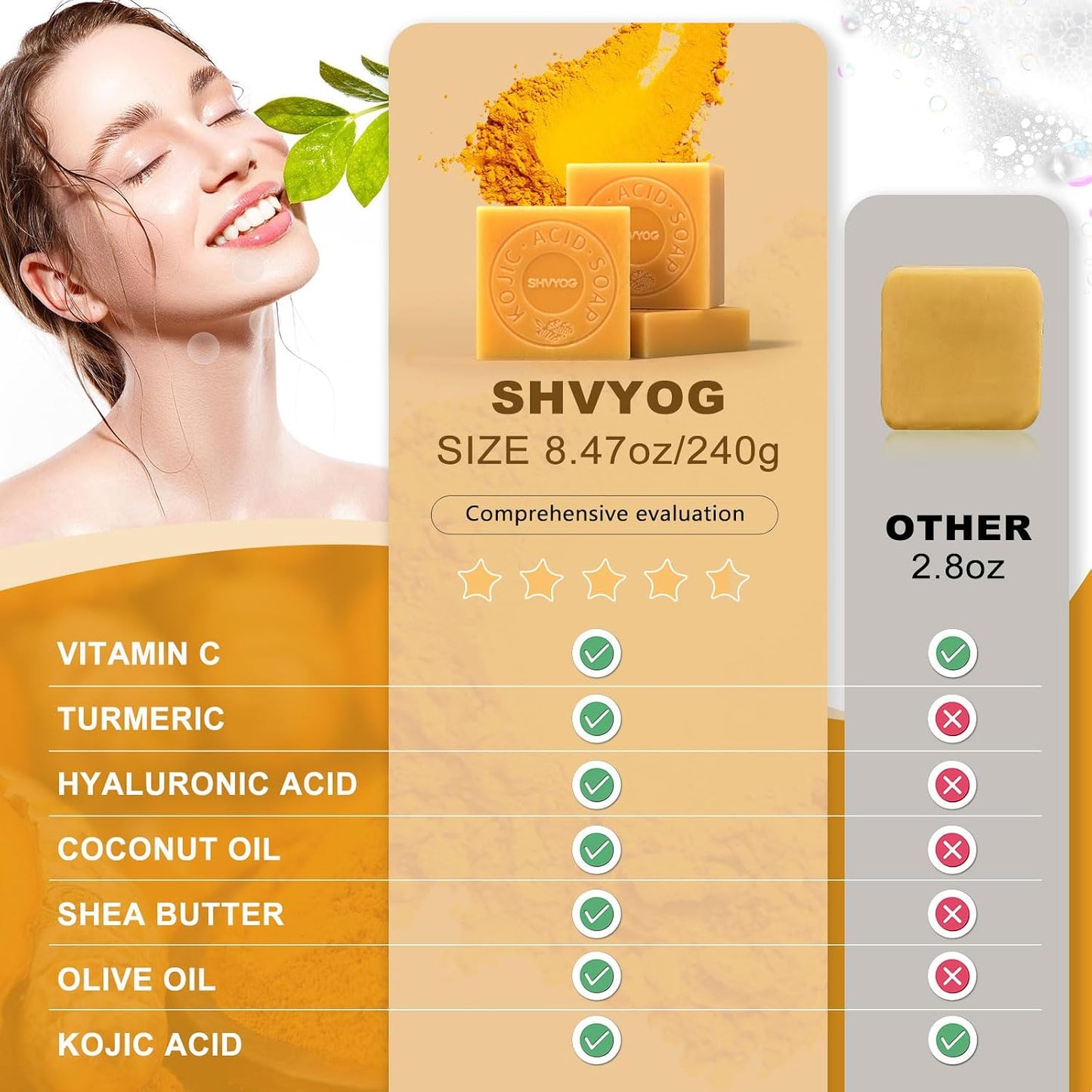 Kojic Acid Soap, Turmeric Soap Bar, Vitamin C Soap Bar, Remove Acne Blackheads Dark Spot, Hyaluronic Acid for Deep Cleansing, Gentle Soap for Face and Body Moisturizing, with A Foaming Net (3 Pack)