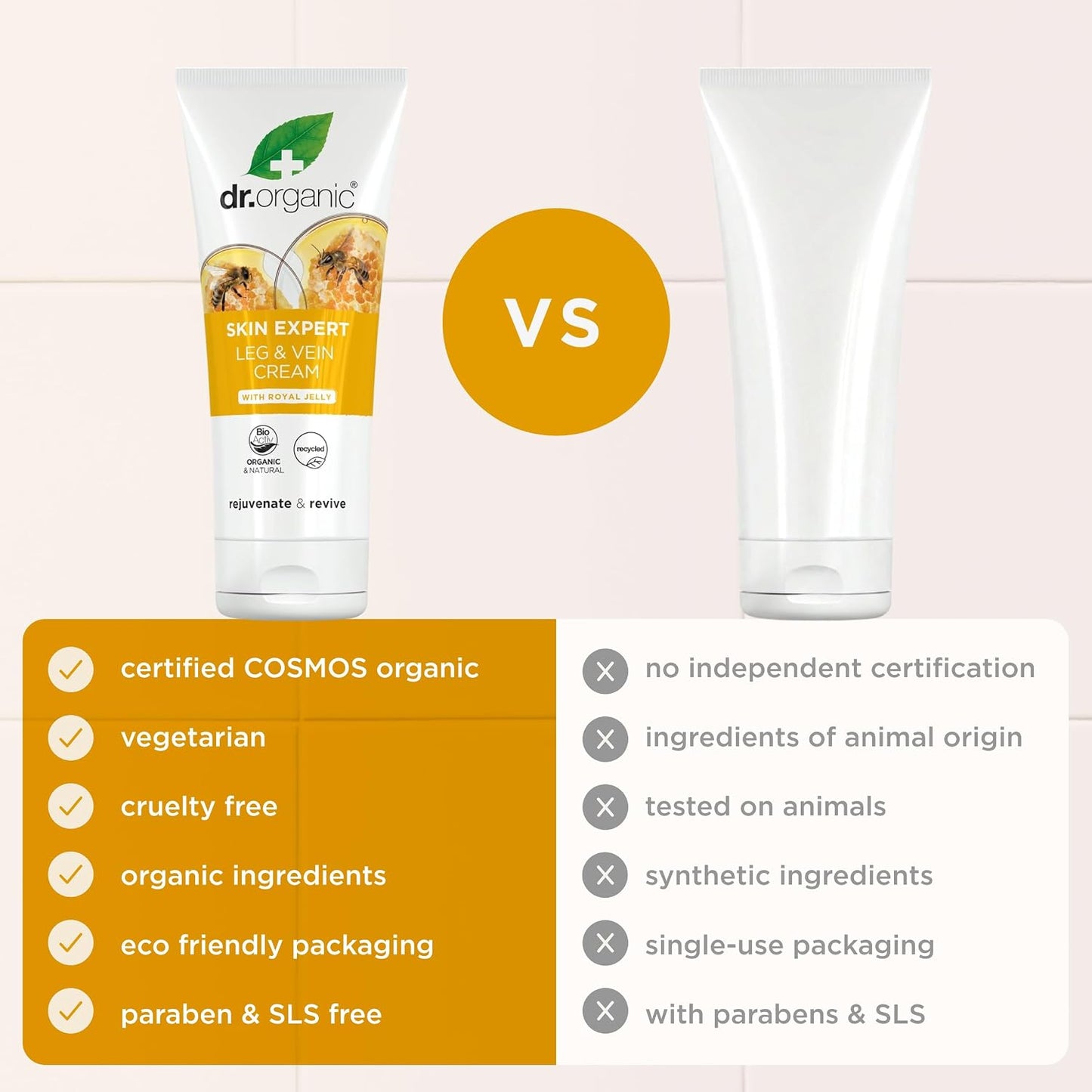 Dr Organic Skin Expert Leg & Vein Cream with Organic Royal Jelly, Moisturising, Heavy Legs, Natural, Vegetarian, Cruelty-Free, Paraben & SLS-Free, Recycled & Recyclable, 200ml, Packaging may vary