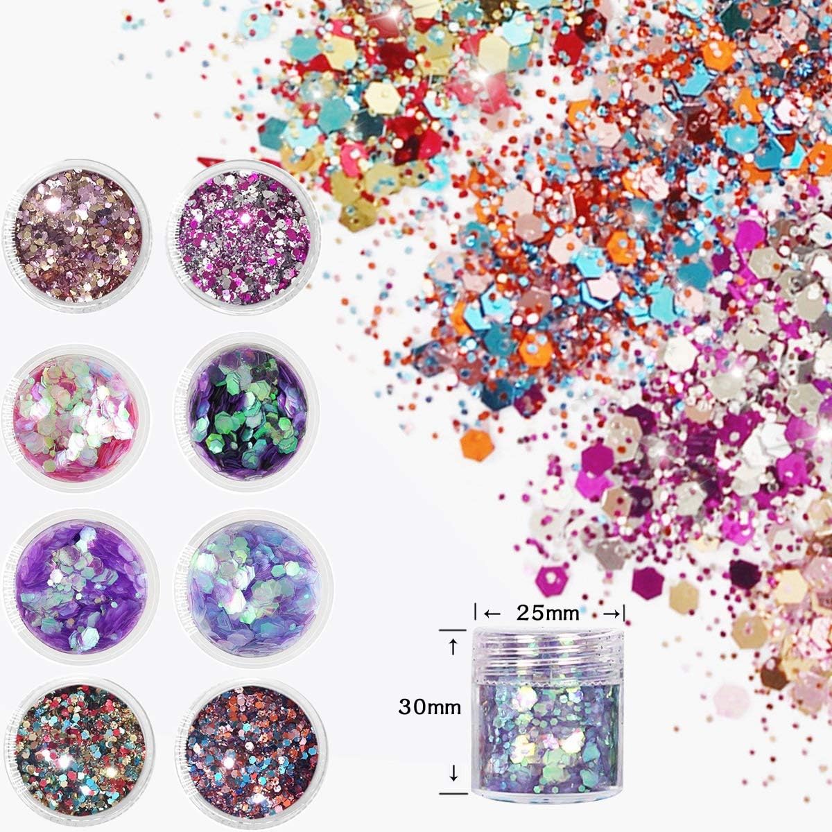 8 Color face Glitter Cosmetic Glitter, for Body, Cheeks and Hair, Festival and Party Beauty Makeup - Includes Long Lasting Fix Gel and Brush