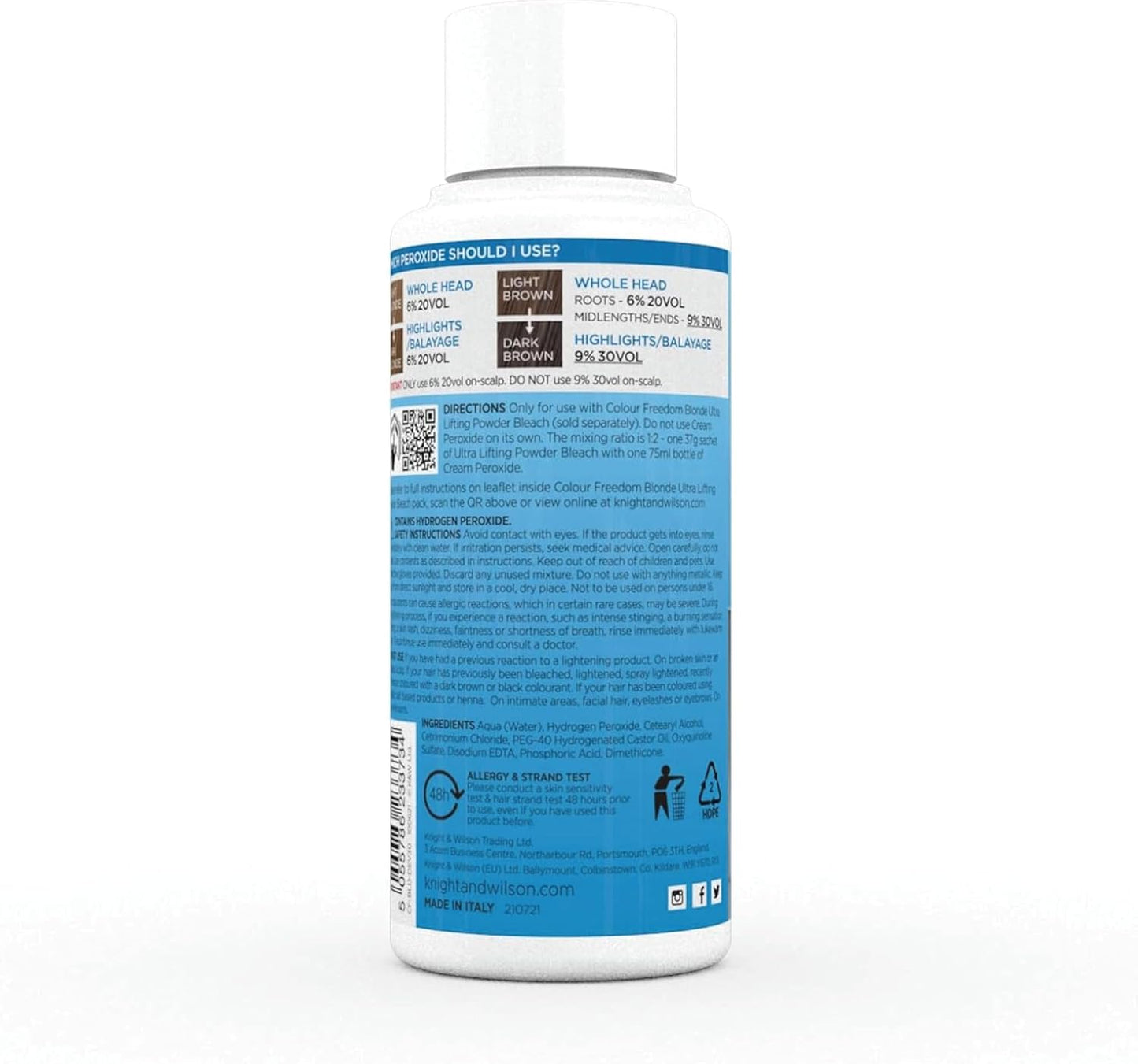 Knight & Wilson Colour Freedom Blonde Developer 9% 30 VOL. Permanent lightening high lift Cream Developer For use with Colour Freedom Ultra Lifting Powder Bleach. 75ml