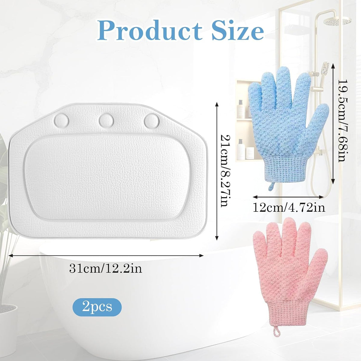 Bath Pillow for Bathtub, 2 Pcs Waterproof Strong Suction Cups Bath Pillows with 1pairs Bath Gloves for Neck and Head