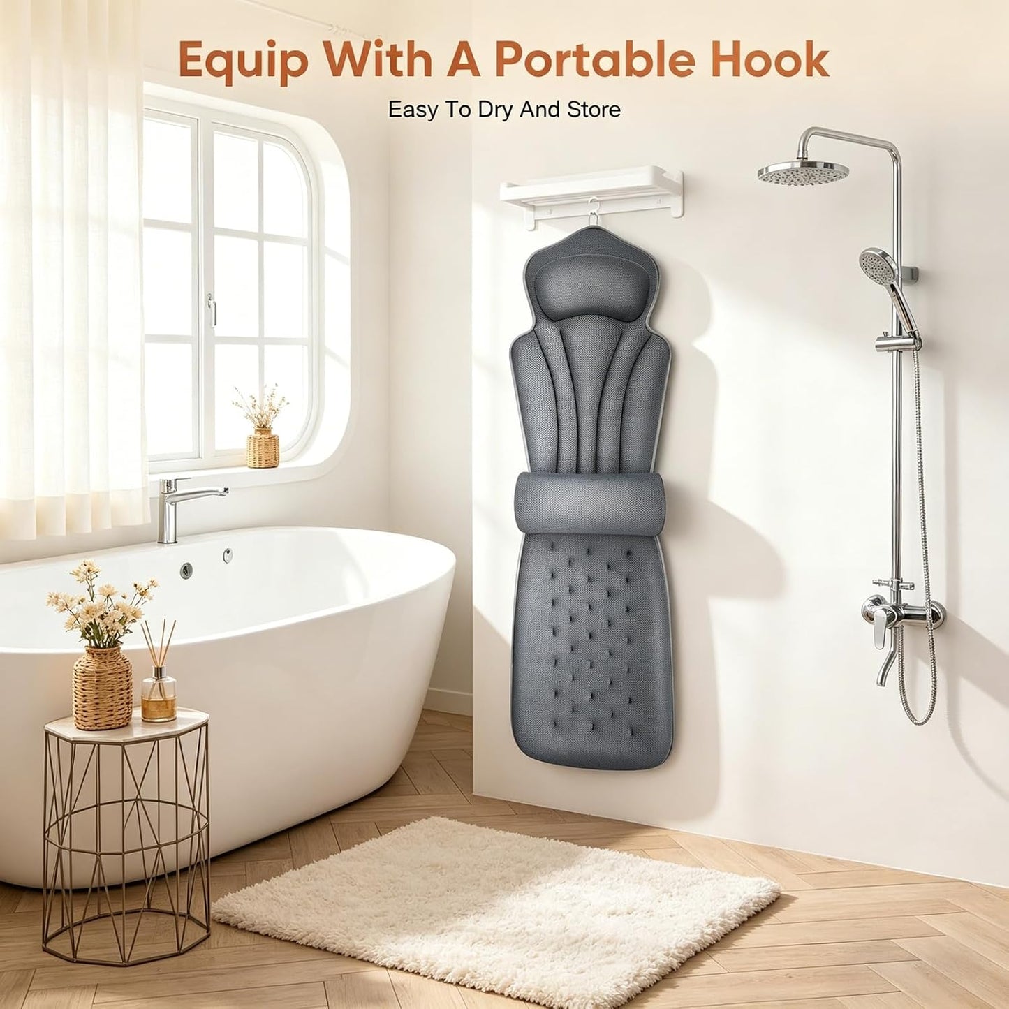 Bath Pillow with Extra Lumbar Cushion – 144 Suction Cups (12x More Hold!) 4D Soft Bath Pillows for Head and Neck, Large 133 x 41 cm Bath Cushion for Bathtub, Includes Wash Bag