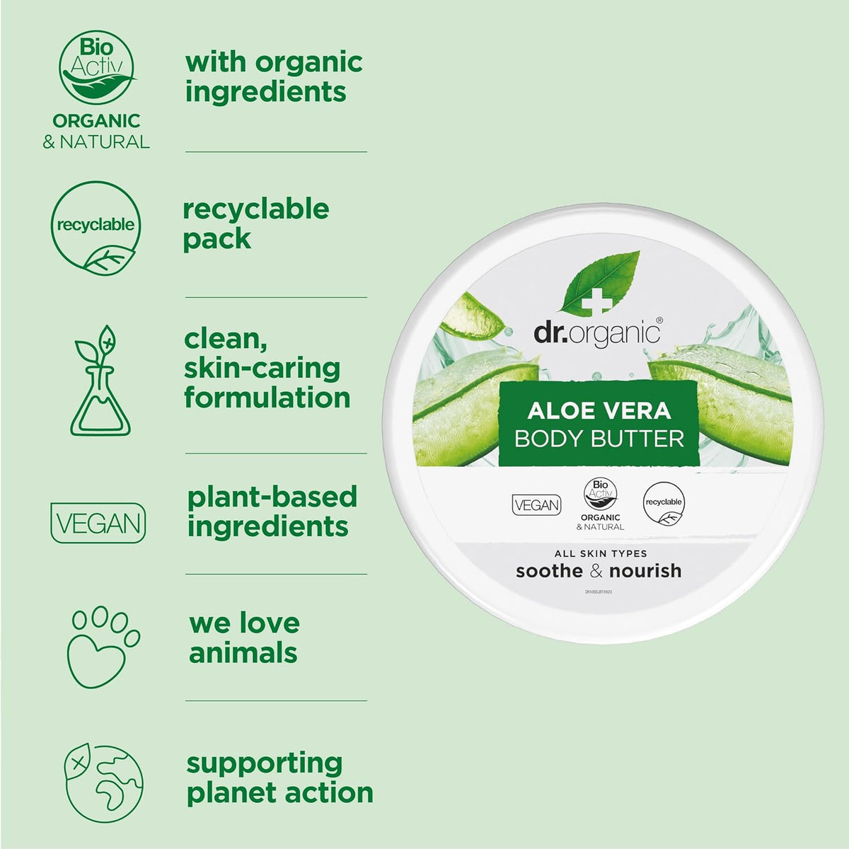 Dr Organic Aloe Vera Body Butter, Soothing, Moisturising, All Skin Types, Natural, Vegan, Cruelty-Free, Paraben & SLS-Free, Organic, 200ml, Packaging may vary